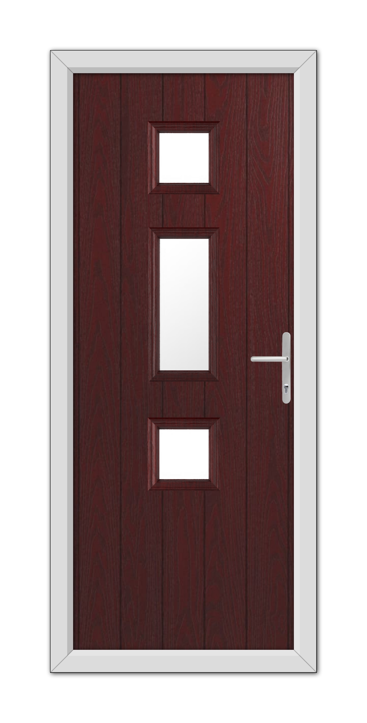 A modern Rosewood York Composite Door 48mm Timber Core featuring three rectangular glass panels and a white handle, set within a white frame.