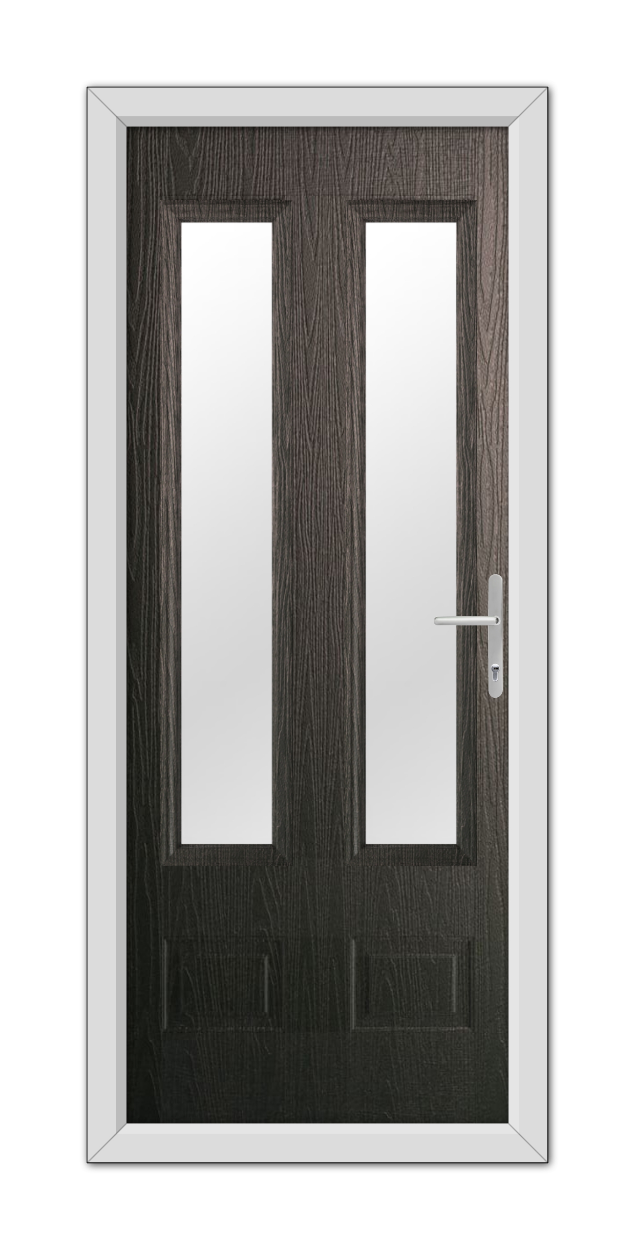 Schwarzbraun Aston Glazed 2 Composite Door 48mm Timber Core with two vertical glass panels and a metallic handle, set in a white frame, isolated on a white background.