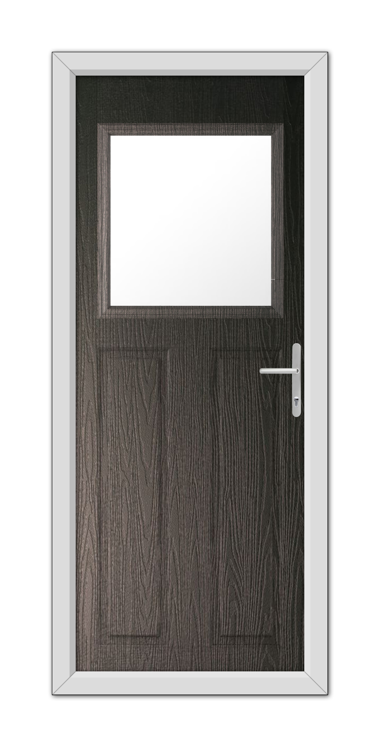A modern Schwarzbraun Axwell Composite Door 48mm Timber Core with a small square window and silver handle, set within a light gray frame, isolated on a white background.