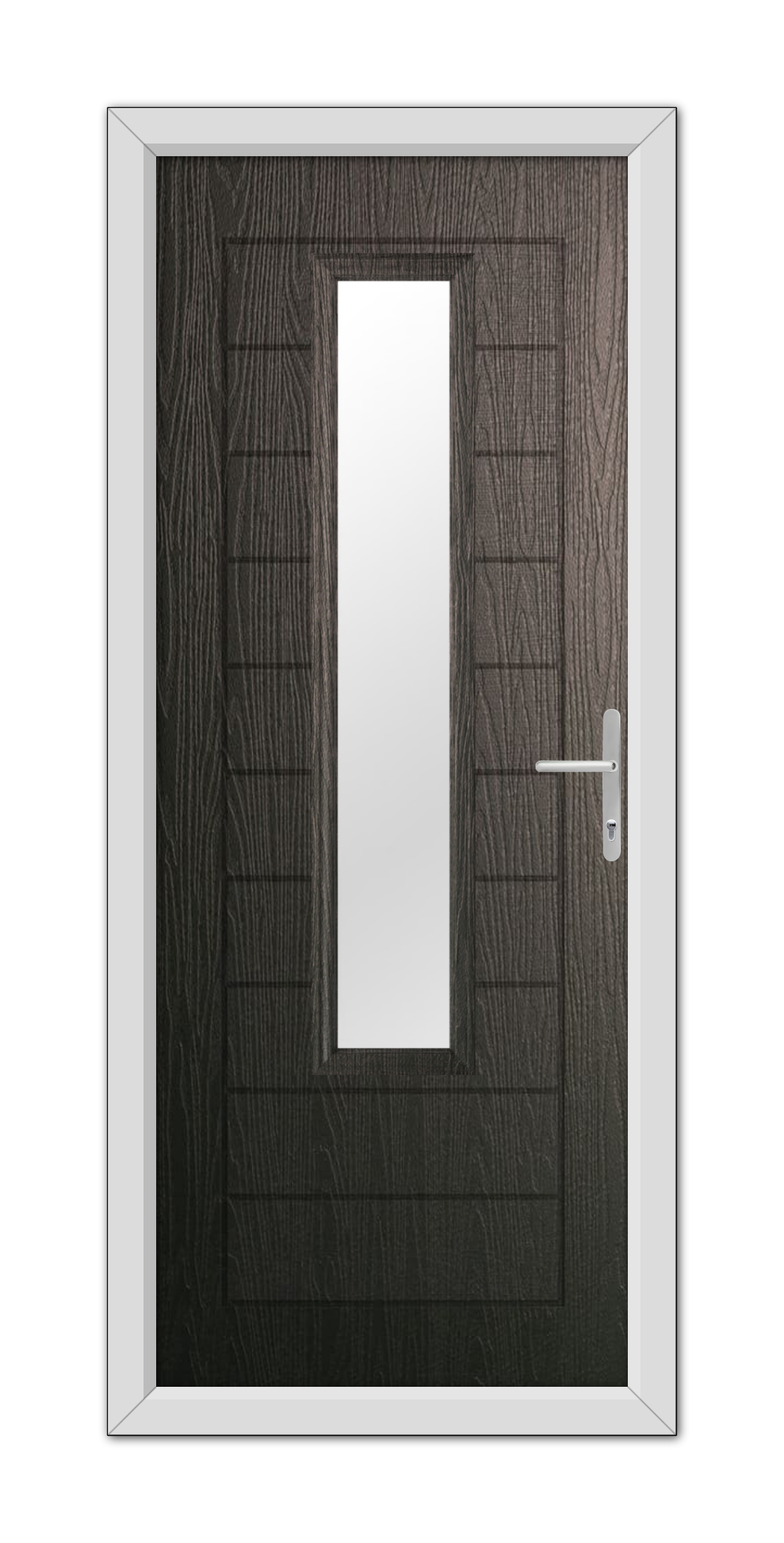 A modern Schwarzbraun Bedford Composite Door 48mm Timber Core featuring a vertical rectangular glass panel, framed in white, with a metallic handle on the right side.