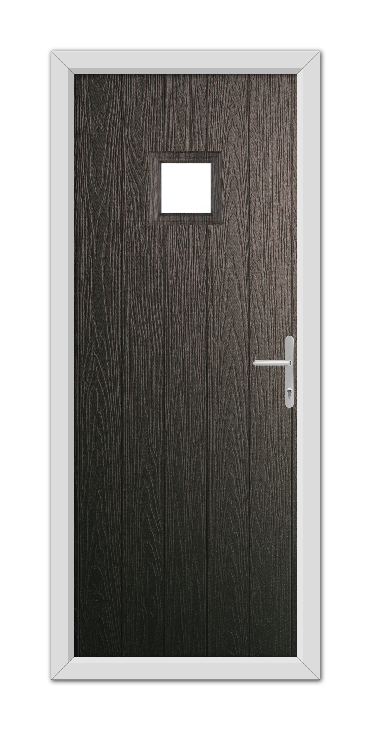A Schwarzbraun Brampton Composite Door 48mm Timber Core with a square window and a silver handle, set within a white frame, against a white background.
