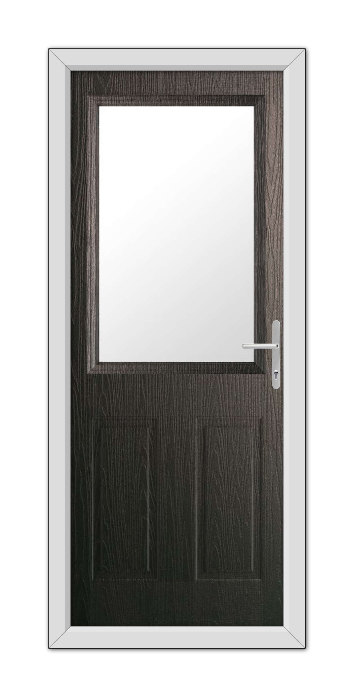A modern, Schwarzbraun Buxton Composite Door 48mm Timber Core with a large square glass panel and a silver handle, set within a white frame, isolated on a white background.