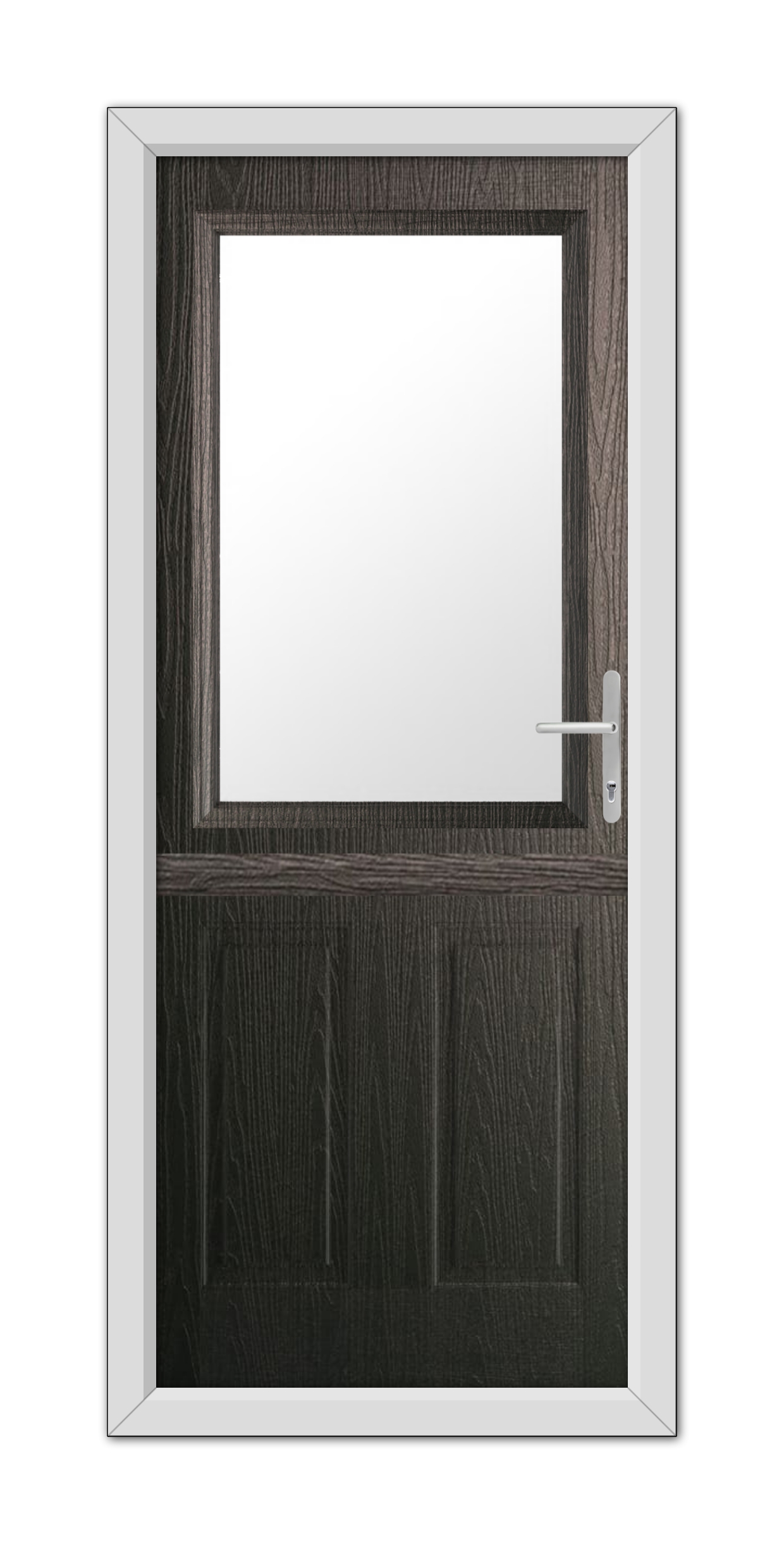 A Schwarzbraun Buxton Stable Composite Door 48mm Timber Core with a square glass window and a metallic door handle, set within a light gray frame, isolated on a white background.