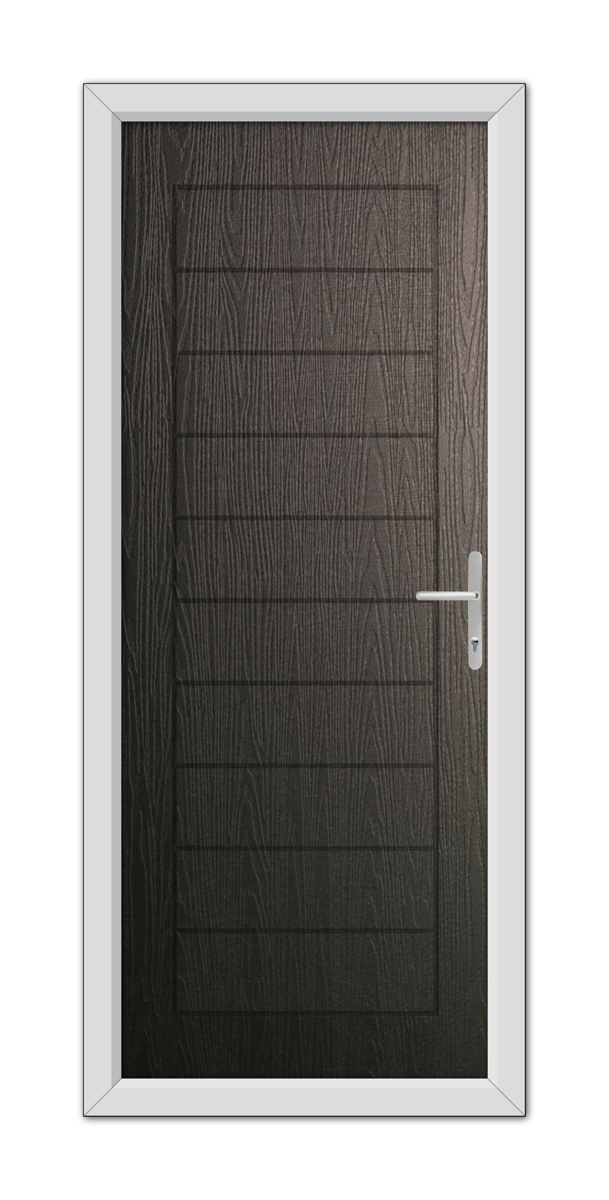A modern Schwarzbraun Cambridge Composite Door 48mm Timber Core with textured surface and a silver handle, framed within a white door frame against a white background.