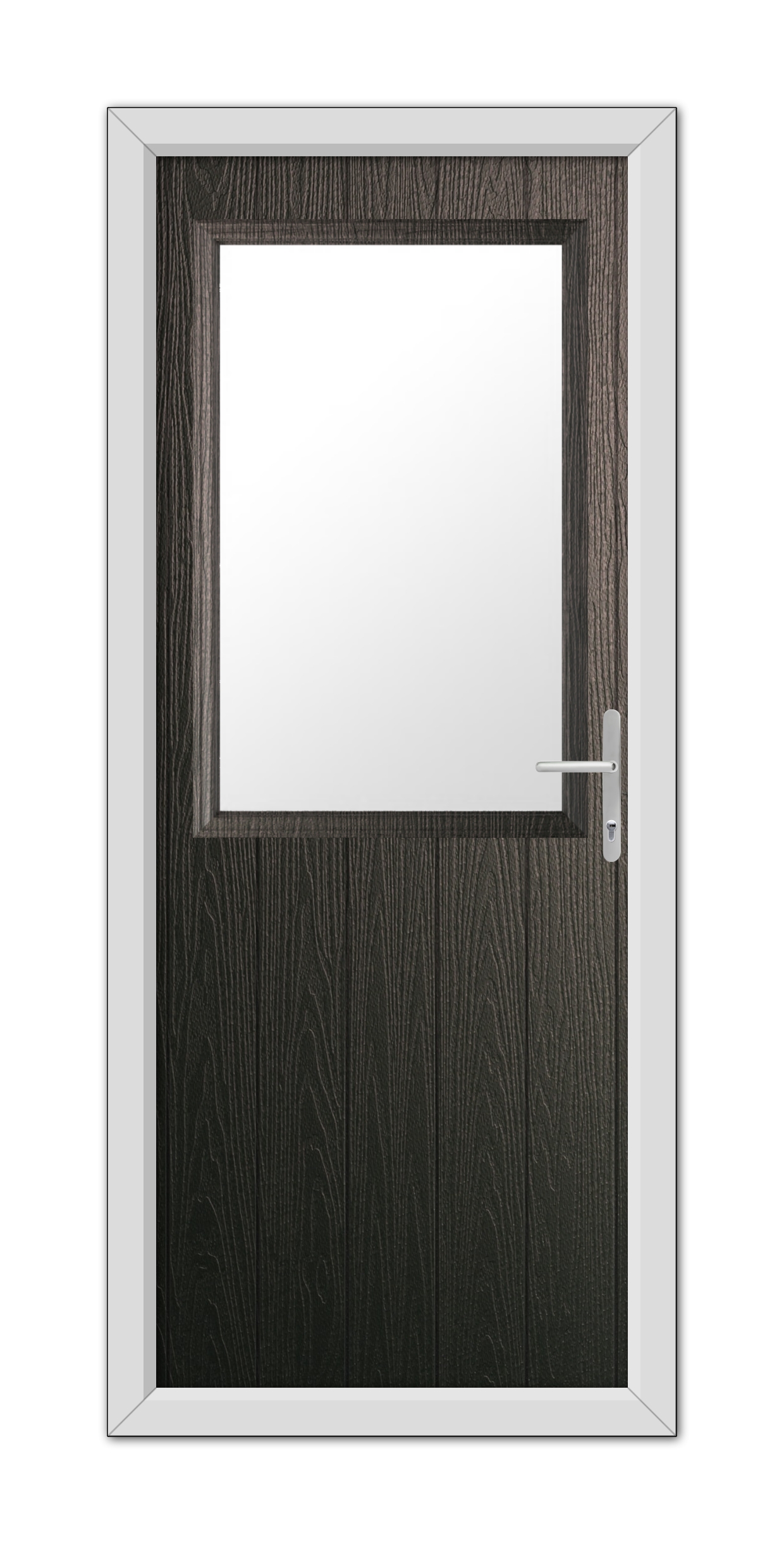 A modern Schwarzbraun Clifton Composite Door 48mm Timber Core with a white frame, featuring a square glass window and a silver handle, isolated on a white background.