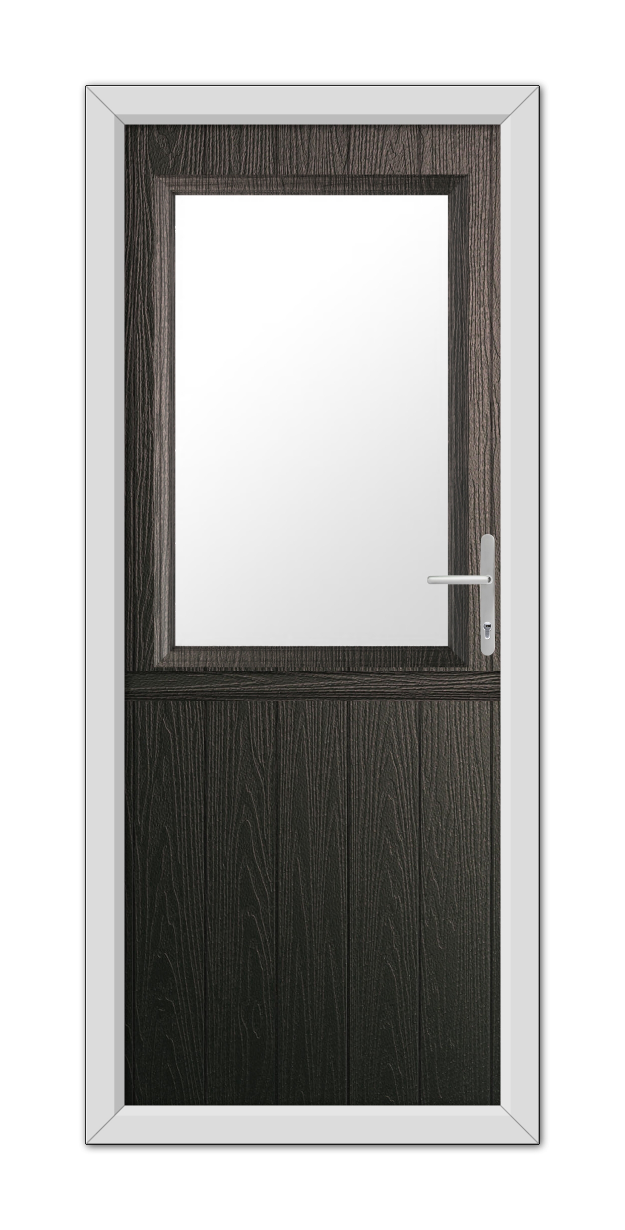 Modern Schwarzbraun Clifton Stable Composite Door 48mm Timber Core with a small square window and a white handle, set in a white frame, isolated on a white background.