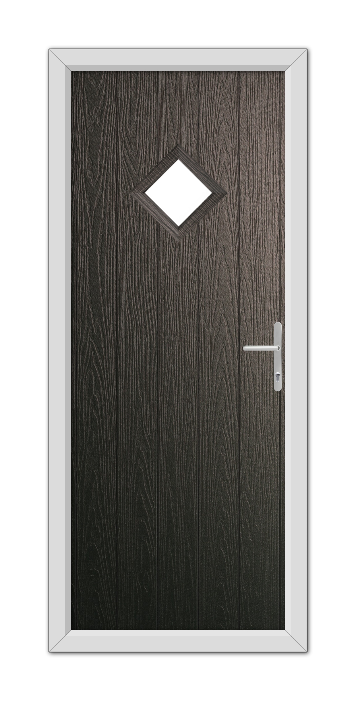 A Schwarzbraun Cornwall Composite Door 48mm Timber Core with a diamond-shaped window, set within a white frame, featuring a metallic handle on the right side.