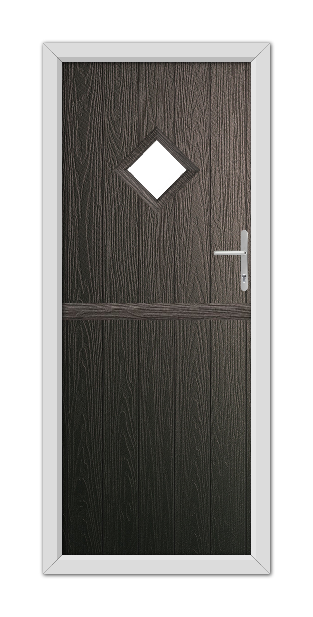 A modern Schwarzbraun Cornwall Stable Composite Door 48mm Timber Core with a diamond-shaped window and a silver handle, set in a white frame.