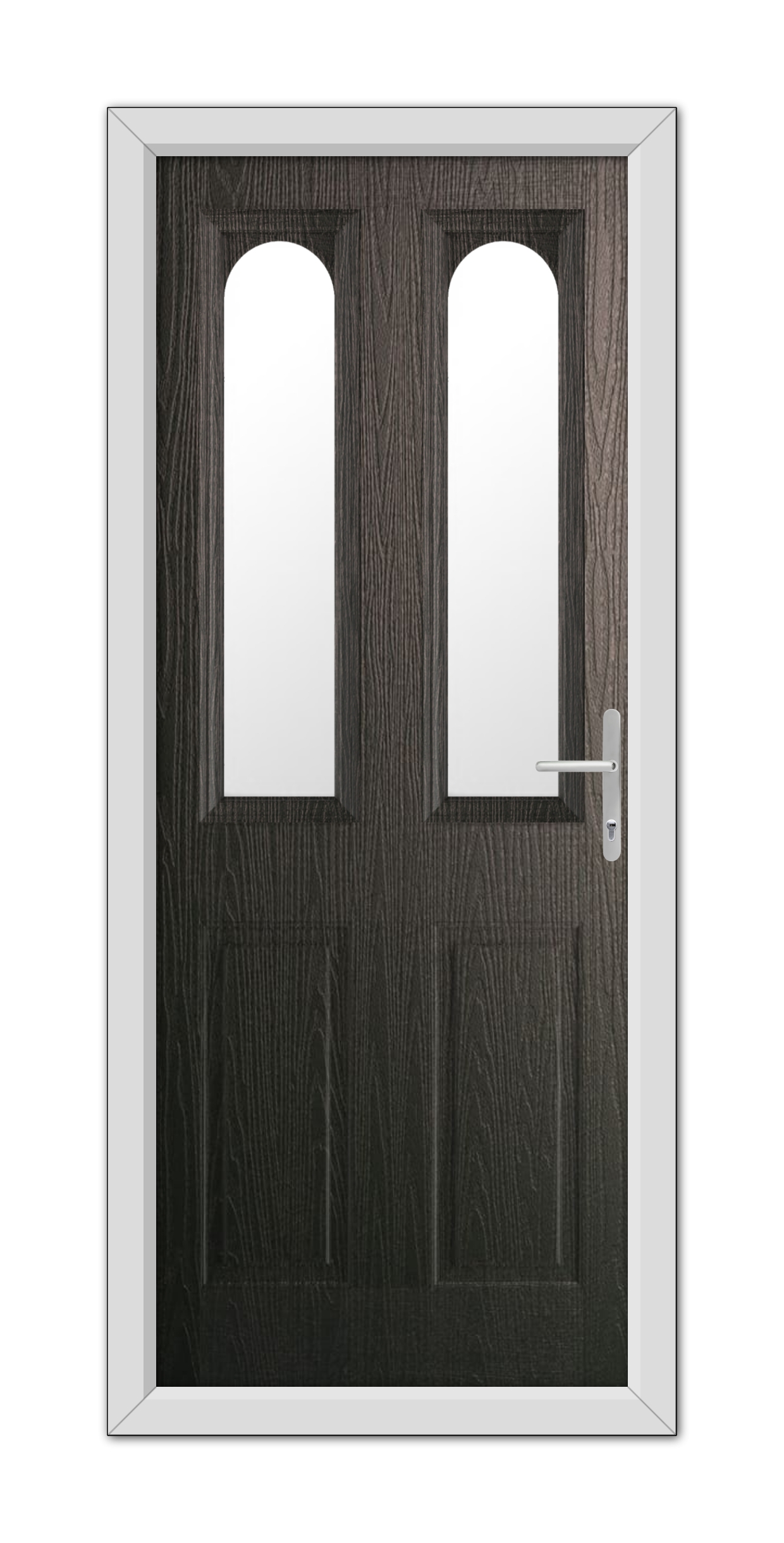 A modern Schwarzbraun Elmhurst Composite Door 48mm Timber Core featuring two vertical glass panels and a silver handle, set within a white frame.