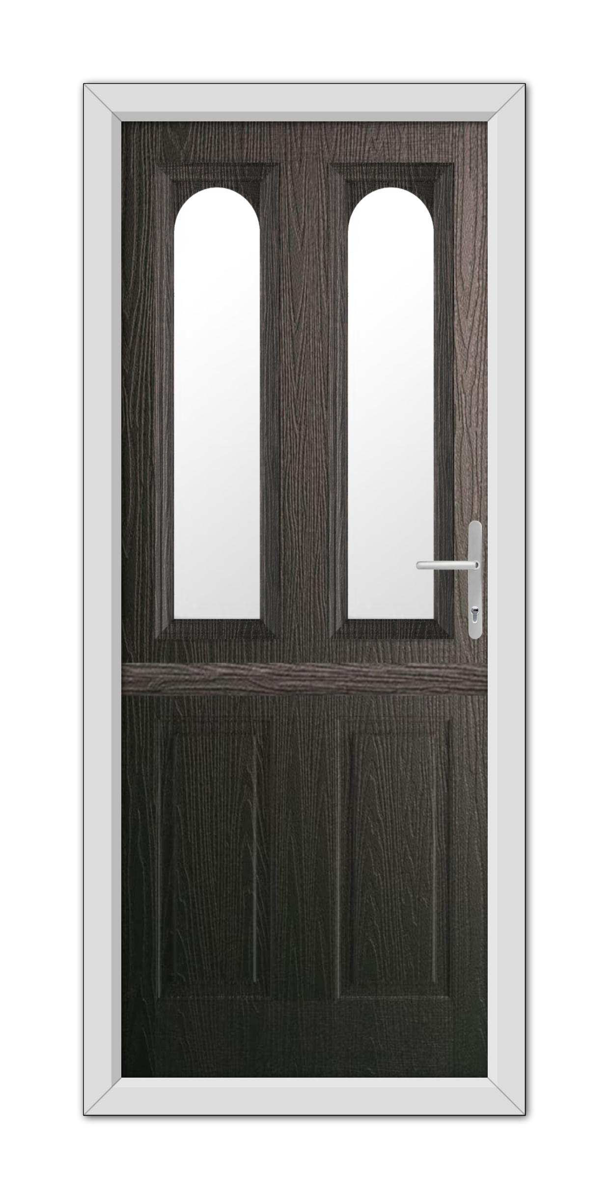 A Schwarzbraun Elmhurst Stable Composite Door 48mm Timber Core with two vertical glass panels and a metallic handle, isolated on a white background.