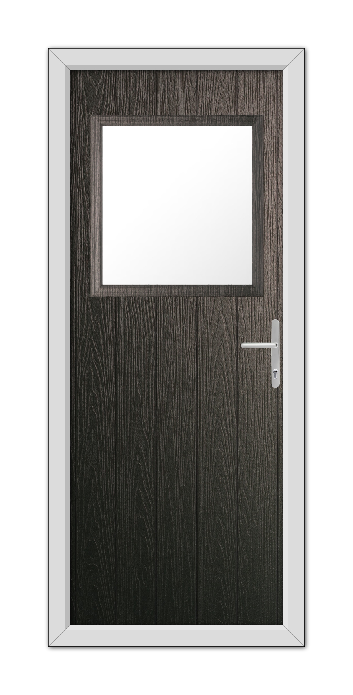 A closed Schwarzbraun Fife Composite Door 48mm Timber Core with a square window and a metallic handle, set within a light frame, isolated on a white background.