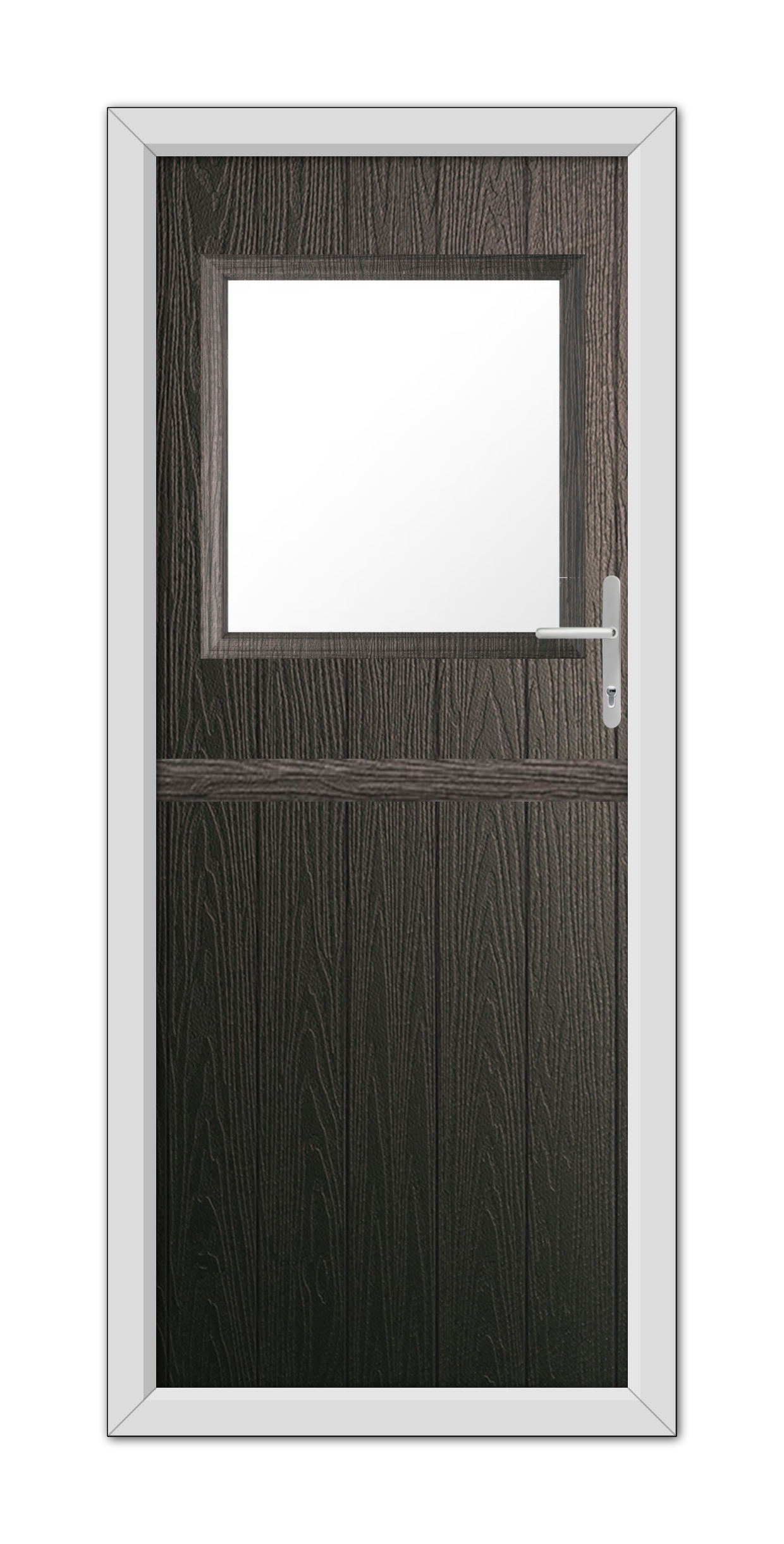 A modern Schwarzbraun Fife Stable Composite Door 48mm Timber Core with a small square window at the top and a silver handle on the right, surrounded by a light grey frame.