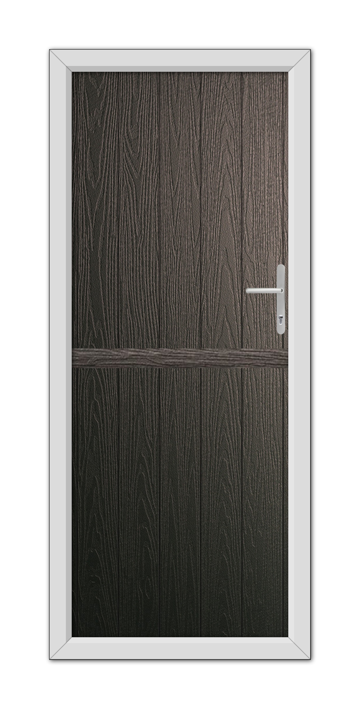 A Schwarzbraun Gloucester Stable Composite Door 48mm Timber Core with a horizontal metal handle, set within a white frame, isolated on a white background.