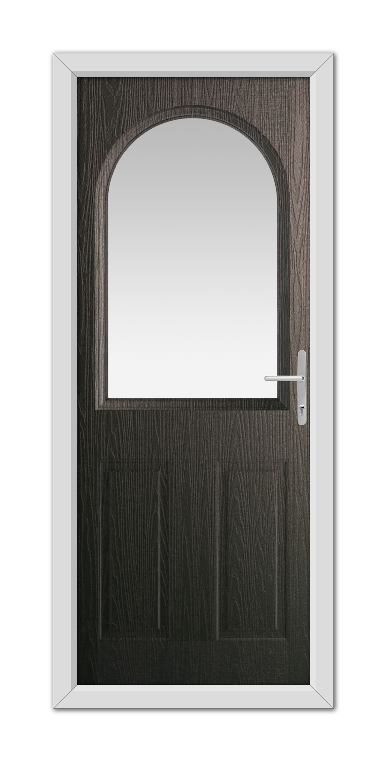 A modern Schwarzbraun Grafton Composite Door 48mm Timber Core with a large glass panel at the top and a sleek metal handle, set within a white frame, isolated on a white background.
