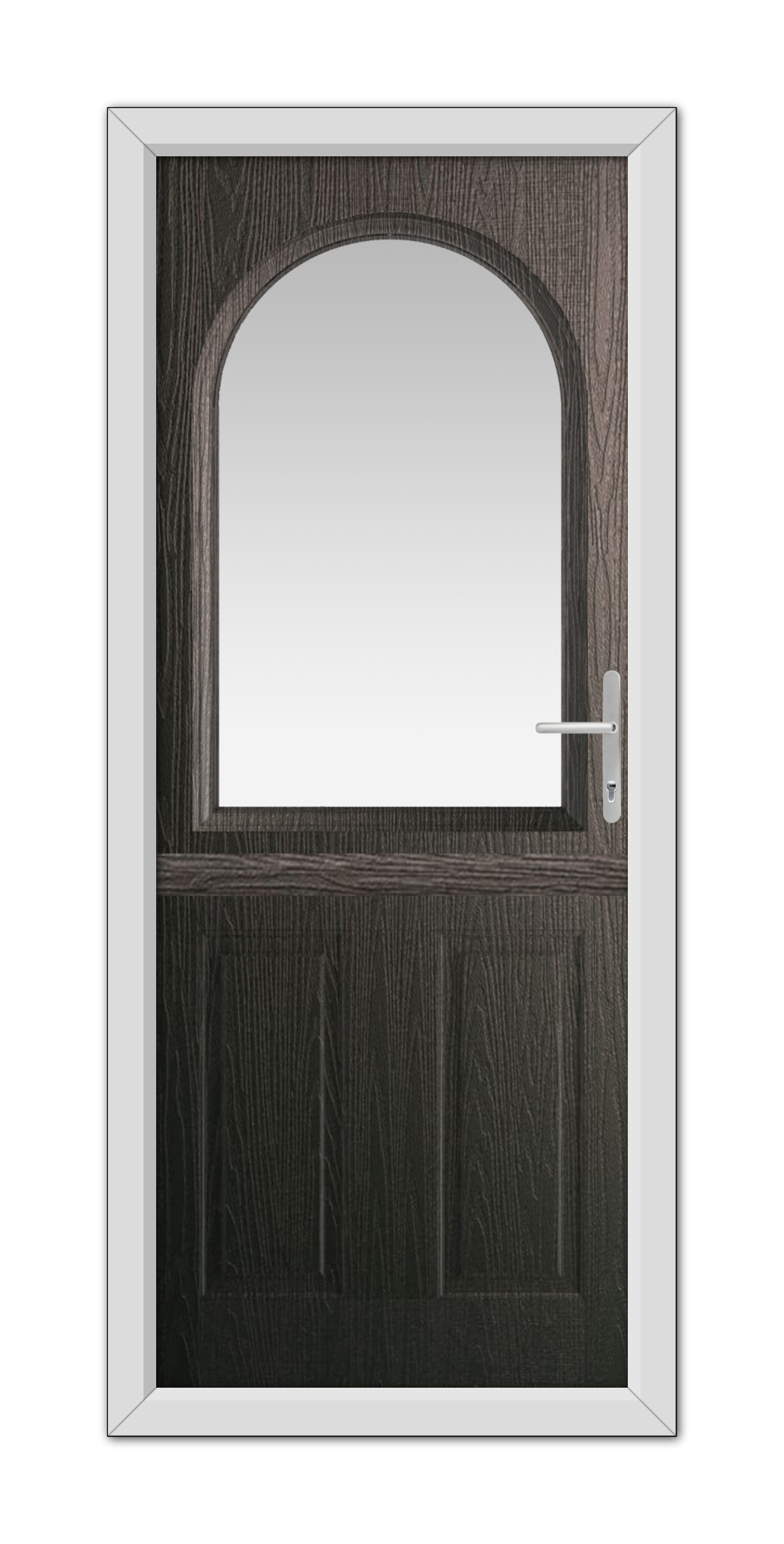 A modern Schwarzbraun Grafton Stable Composite Door 48mm Timber Core with an arched window and silver handle, set in a white frame, isolated on a white background.
