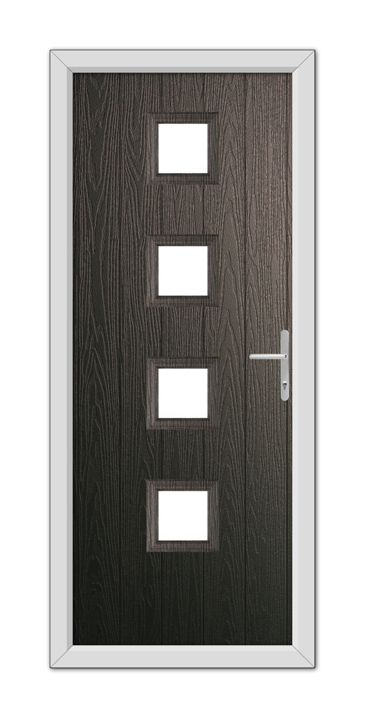 A modern Schwarzbraun Hamilton Composite Door 48mm Timber Core with four rectangular glass panels and a metallic handle, isolated on a white background.