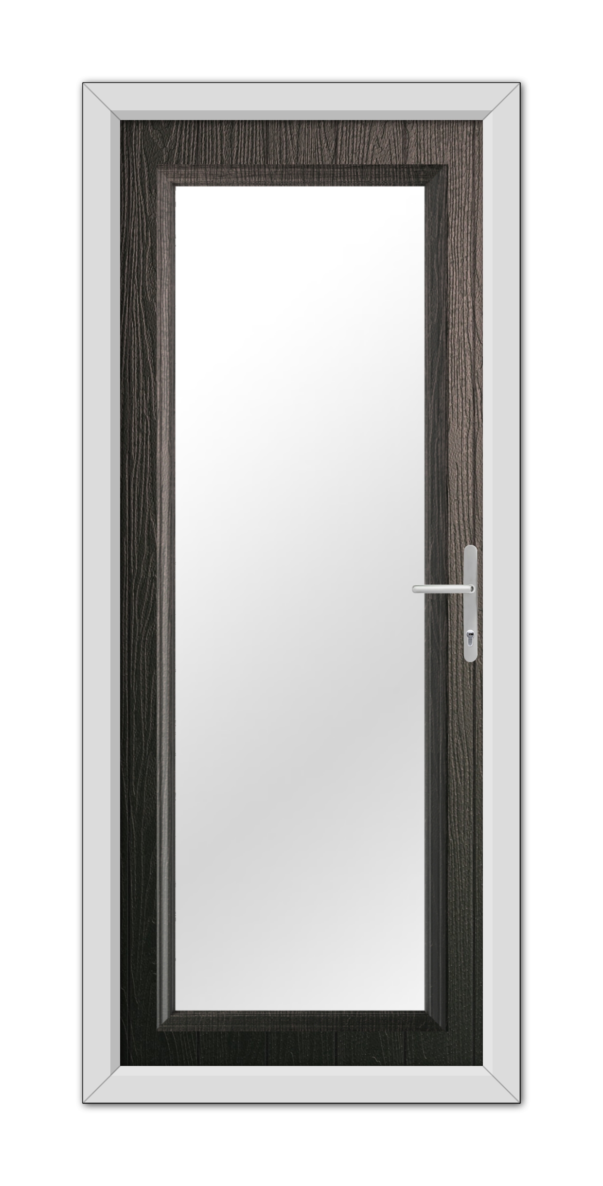 A Schwarzbraun Hatton Composite Door 48mm Timber Core with a vertical glass panel, framed in white, featuring a contemporary steel handle on the right.