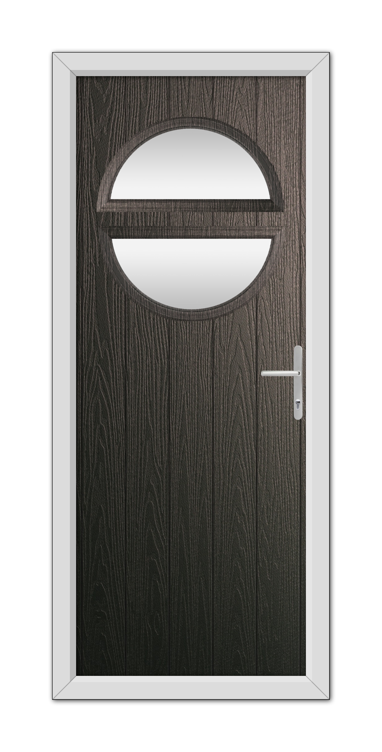 A Schwarzbraun Kent Composite Door 48mm Timber Core with a horizontal oval glass panel, encased in a white frame, isolated on a white background.