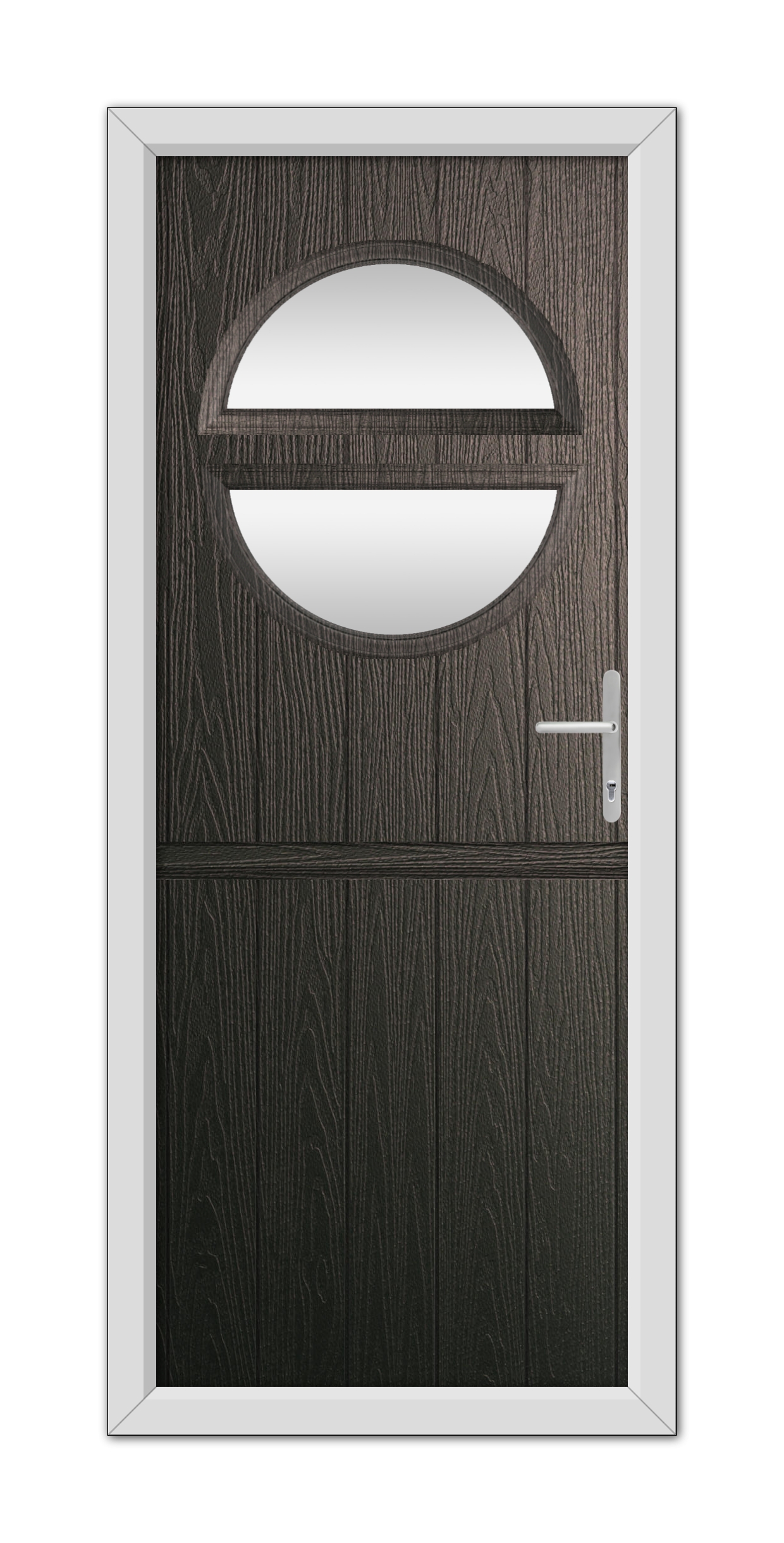 A modern Schwarzbraun Kent Stable Composite Door 48mm Timber Core with two horizontal oval glass panels, encased in a white frame, isolated on a white background.