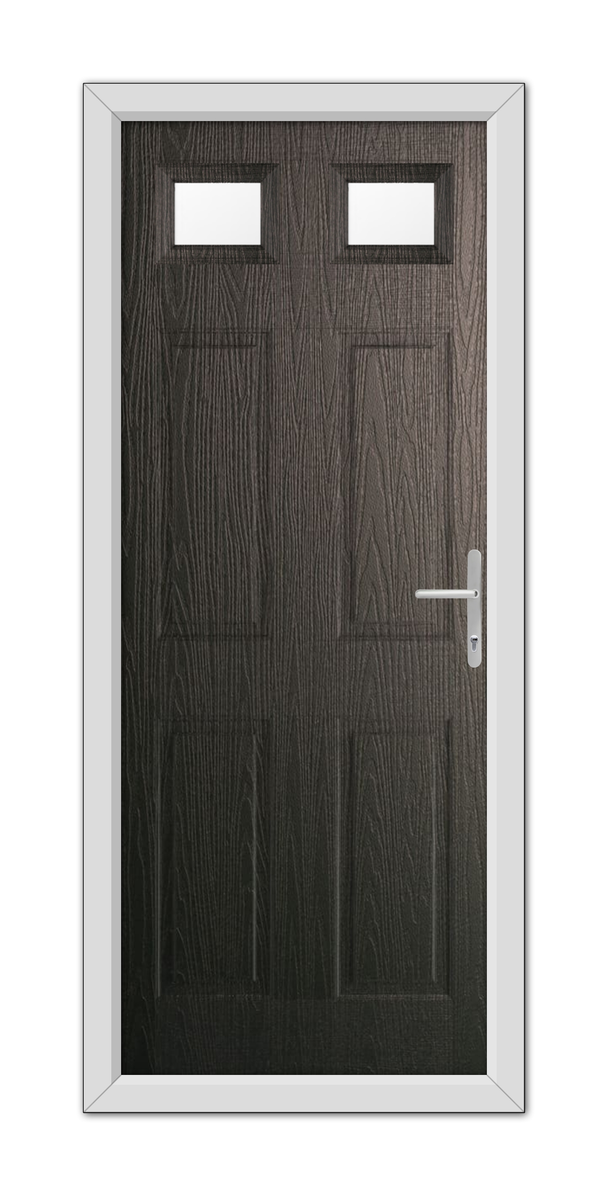 A Schwarzbraun Middleton Glazed 2 Composite Door 48mm Timber Core with two rectangular windows and a silver handle, set within a white frame.