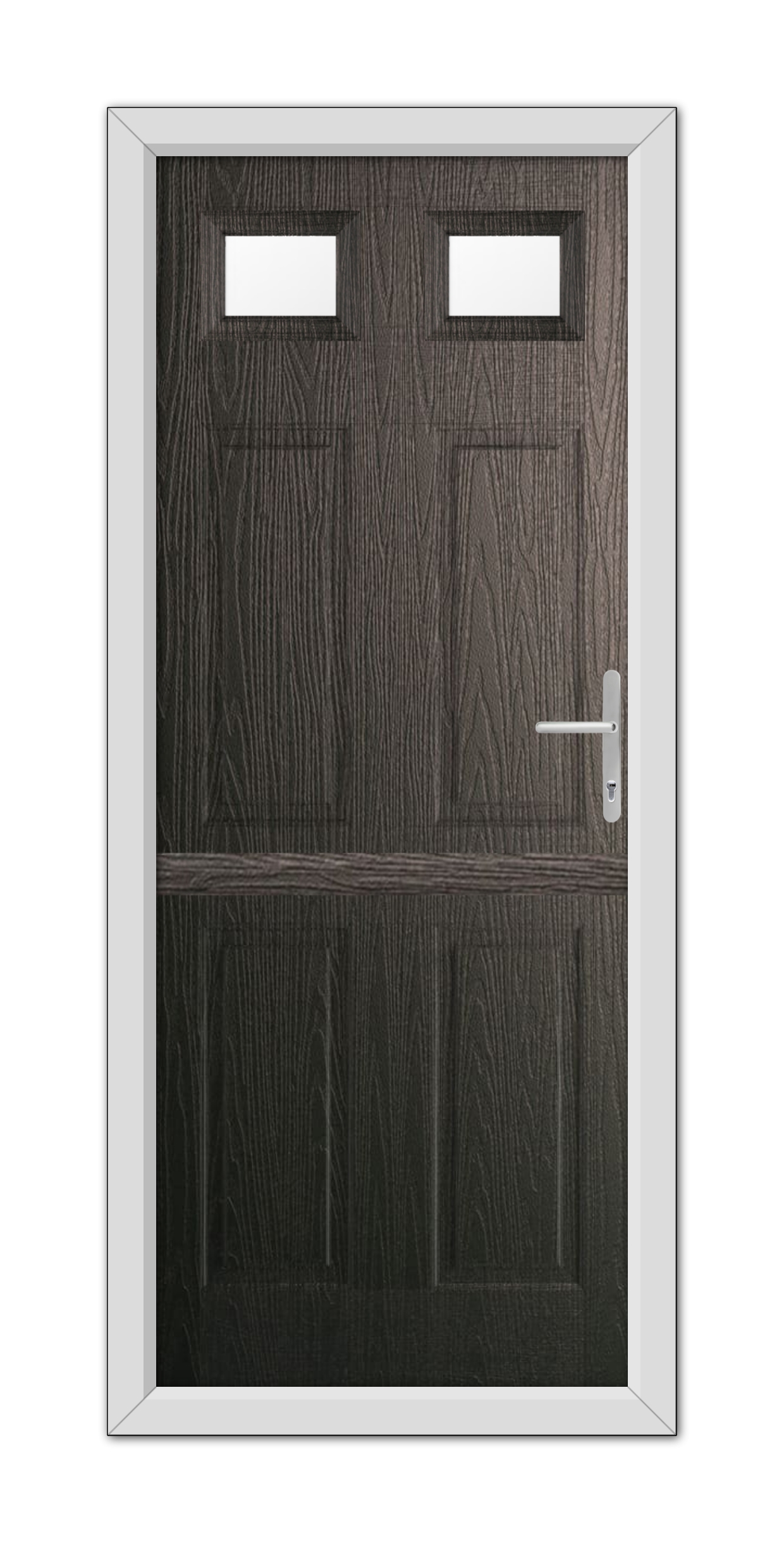 A Schwarzbraun Middleton Glazed 2 Stable Composite Door 48mm Timber Core with two small square windows and a metallic handle, set within a white frame.