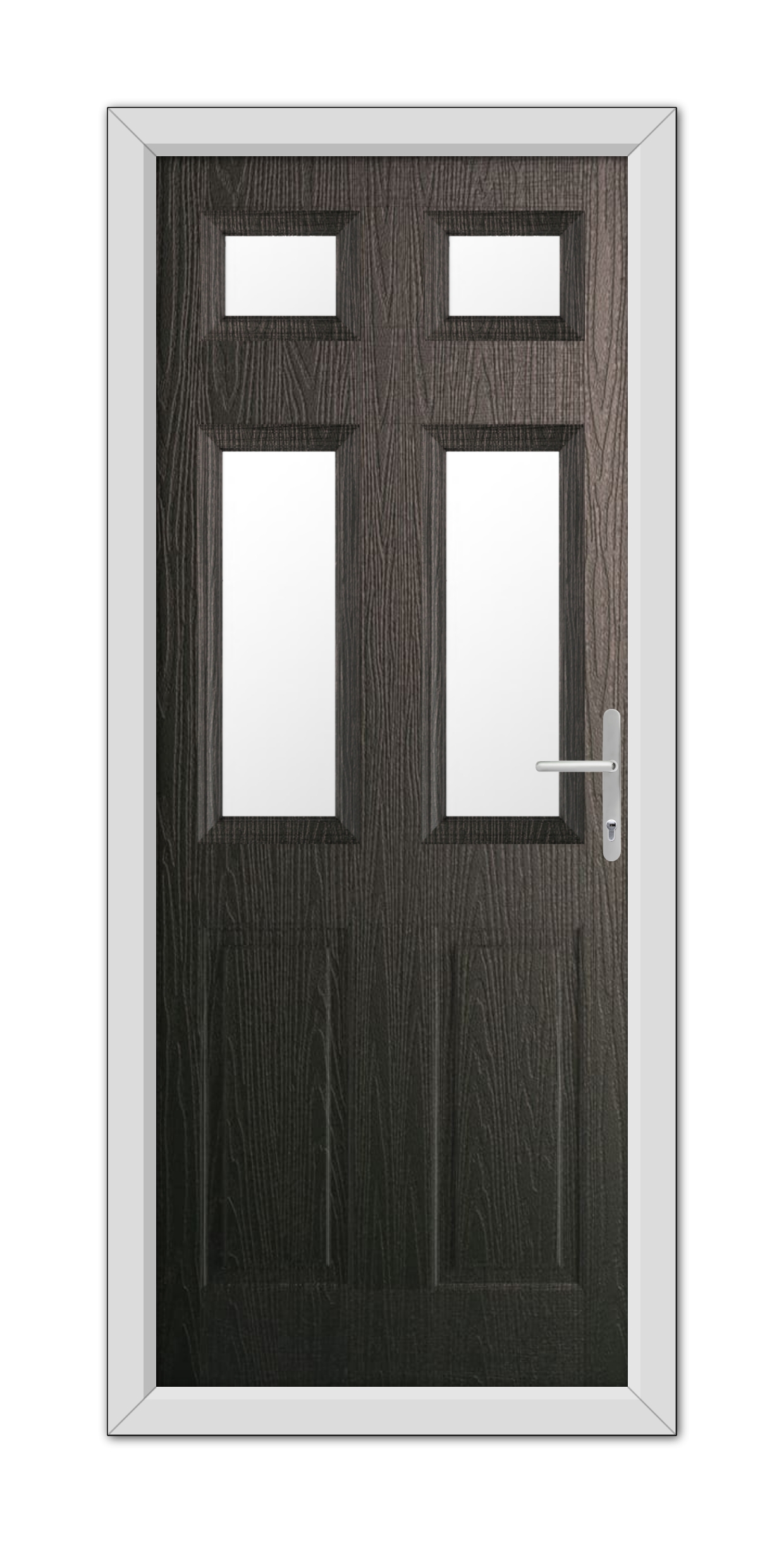 A modern Schwarzbraun Middleton Glazed 4 Composite Door 48mm Timber Core with two vertical rectangular windows and a metallic handle, set within a white frame.