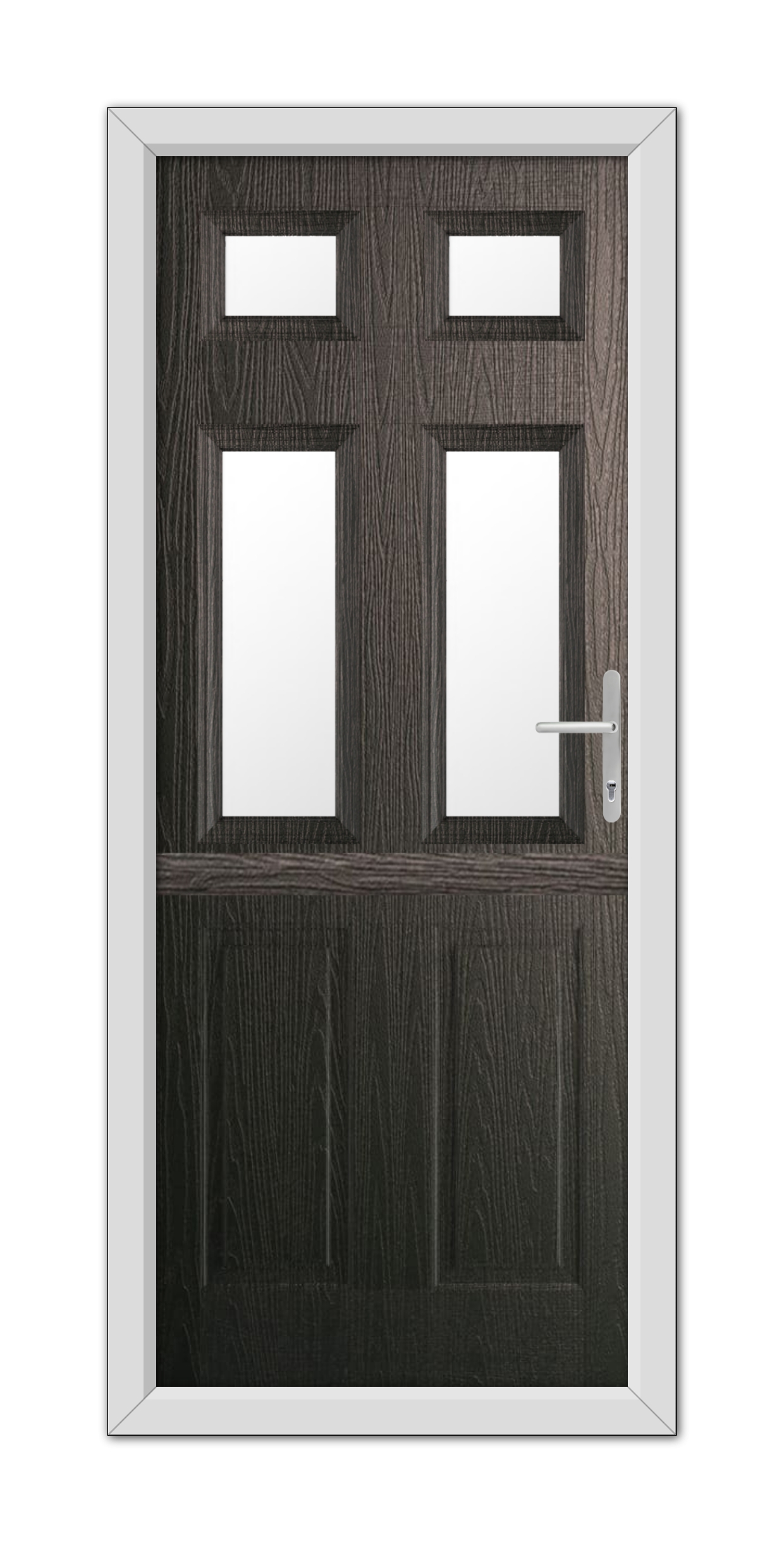 A modern Schwarzbraun Middleton Glazed 4 Stable Composite Door 48mm Timber Core with a metal handle, featuring two vertical rectangular windows and two small square windows at the top.