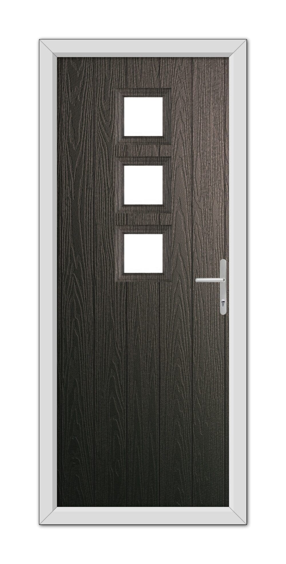 A modern Schwarzbraun Montrose Composite Door 48mm Timber Core with three rectangular glass panels and a metal handle, set in a white frame.