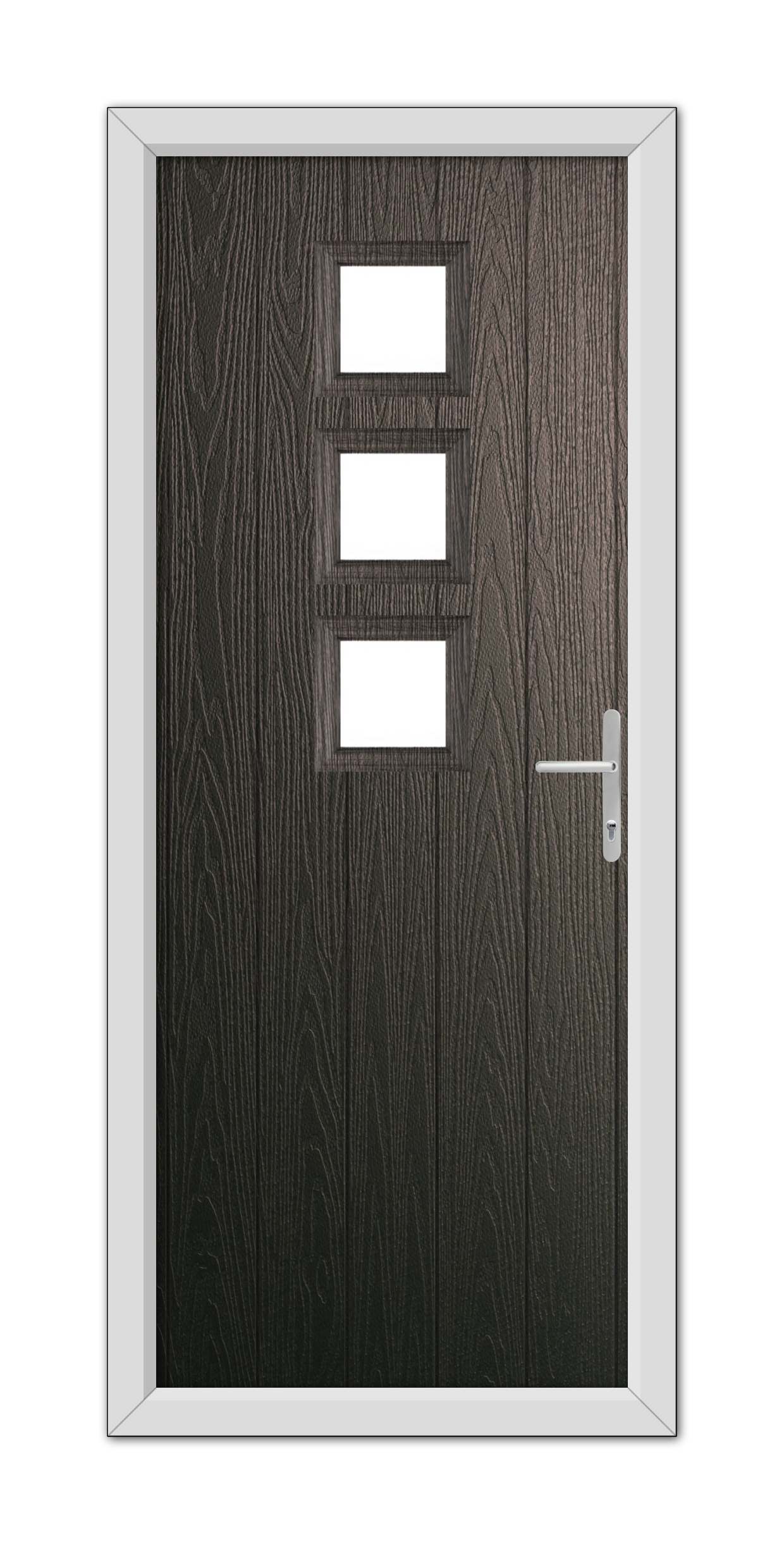 A modern Schwarzbraun Montrose Composite Door 48mm Timber Core with three rectangular glass panels and a metal handle, set in a white frame.