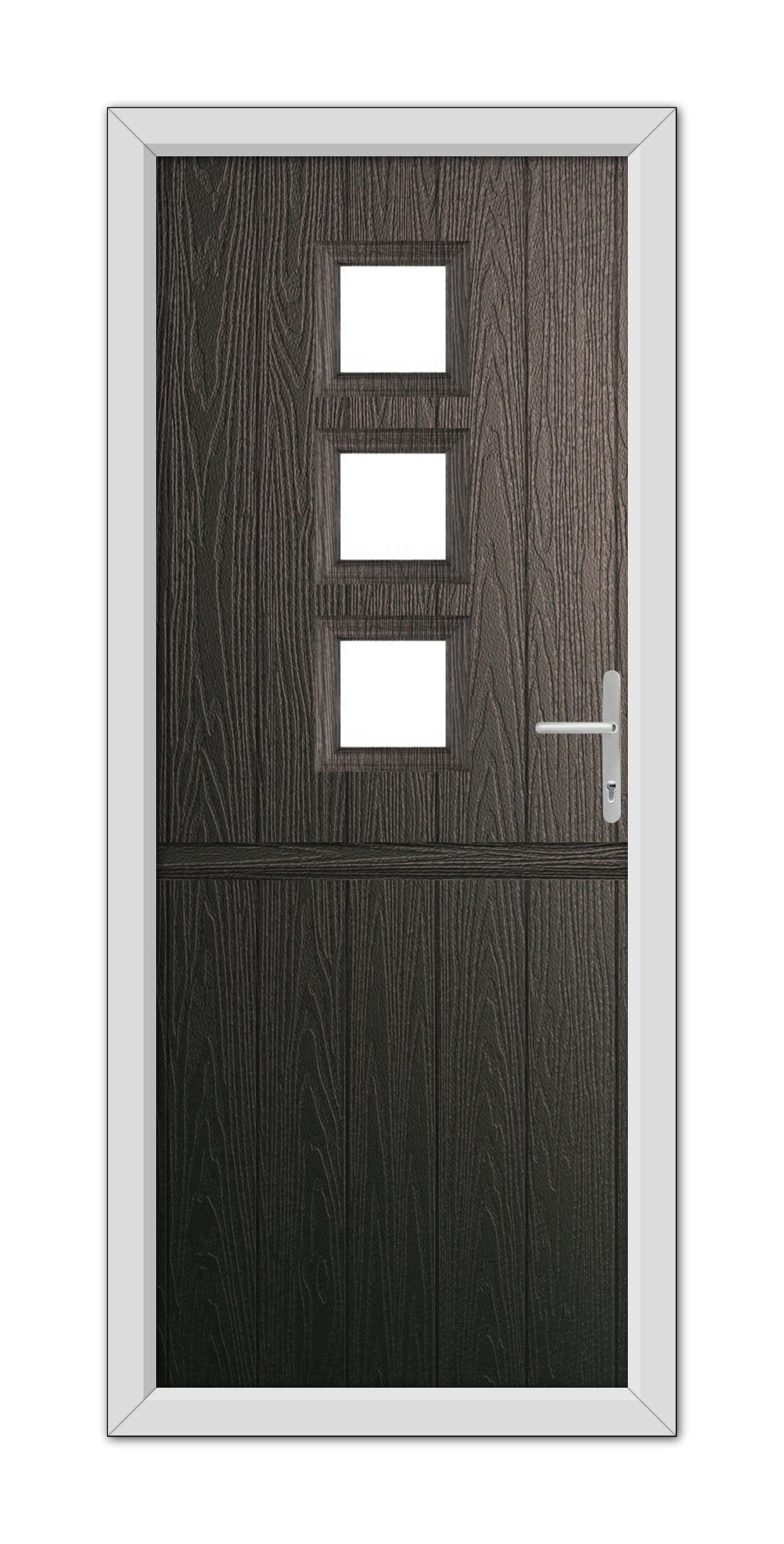 Schwarzbraun Montrose Stable Composite Door 48mm Timber Core with three glass panels and metal door handle, set within a light gray frame, isolated on a white background.