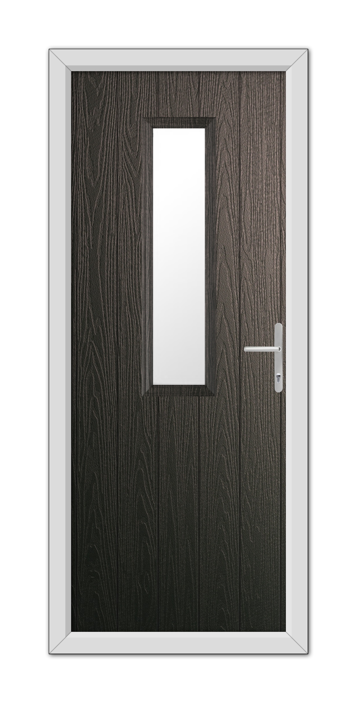 A Schwarzbraun Mowbray Composite Door 48mm Timber Core with a narrow vertical window and a silver handle, set in a white frame, isolated on a white background.