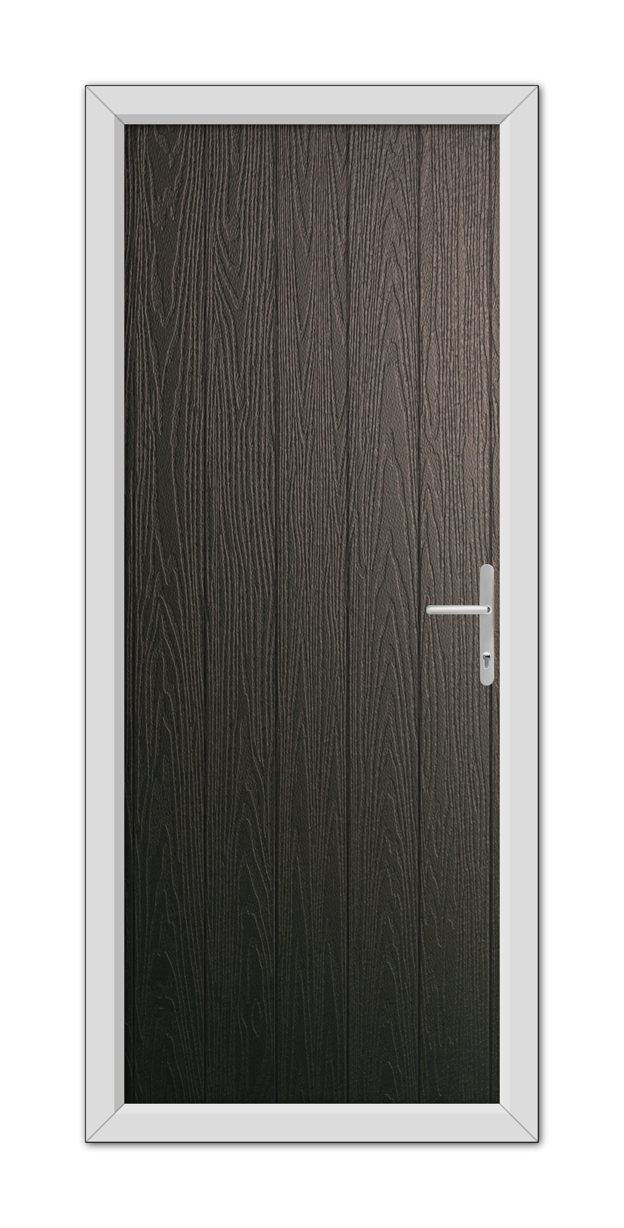 A modern Schwarzbraun Norfolk Solid Composite Door 48mm Timber Core with a textured wood design and a silver handle, set within a light gray frame, isolated on a white background.