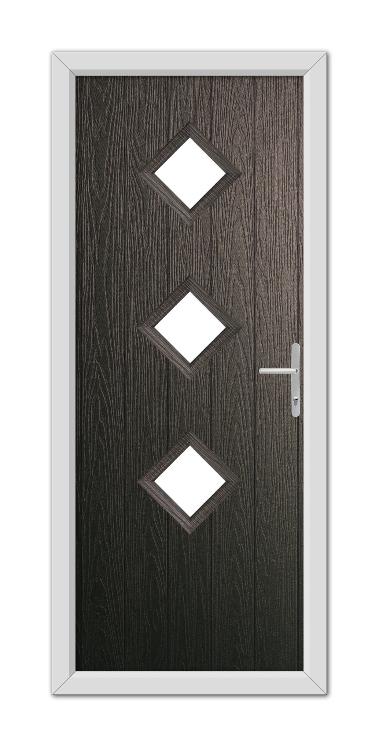 A modern Schwarzbraun Richmond Composite Door 48mm Timber Core featuring three diamond-shaped windows and a contemporary handle, set within a light gray frame.