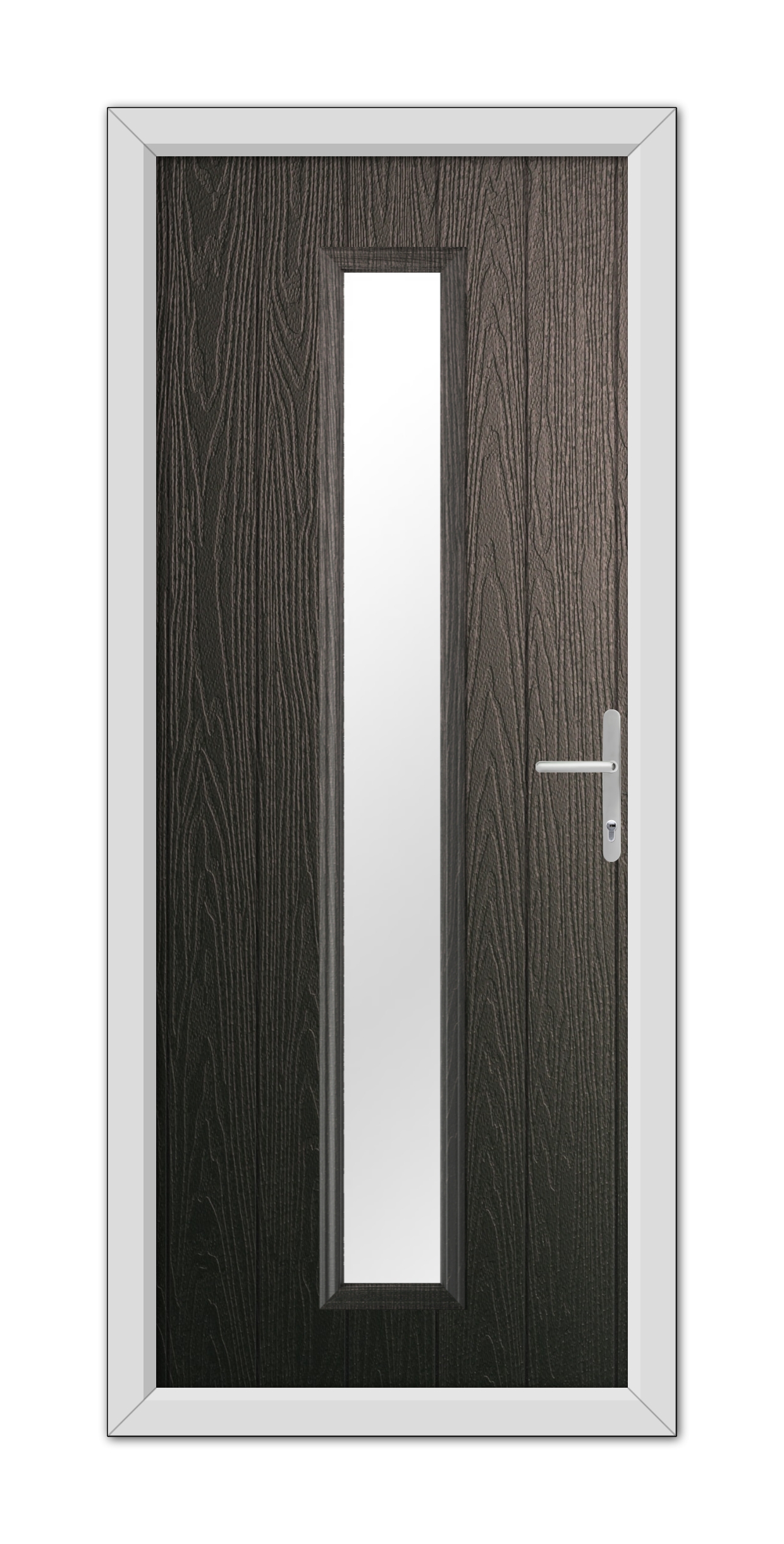 A Schwarzbraun Rutland Composite Door 48mm Timber Core with a vertical glass panel on the left side, featuring a metallic handle, framed in white.