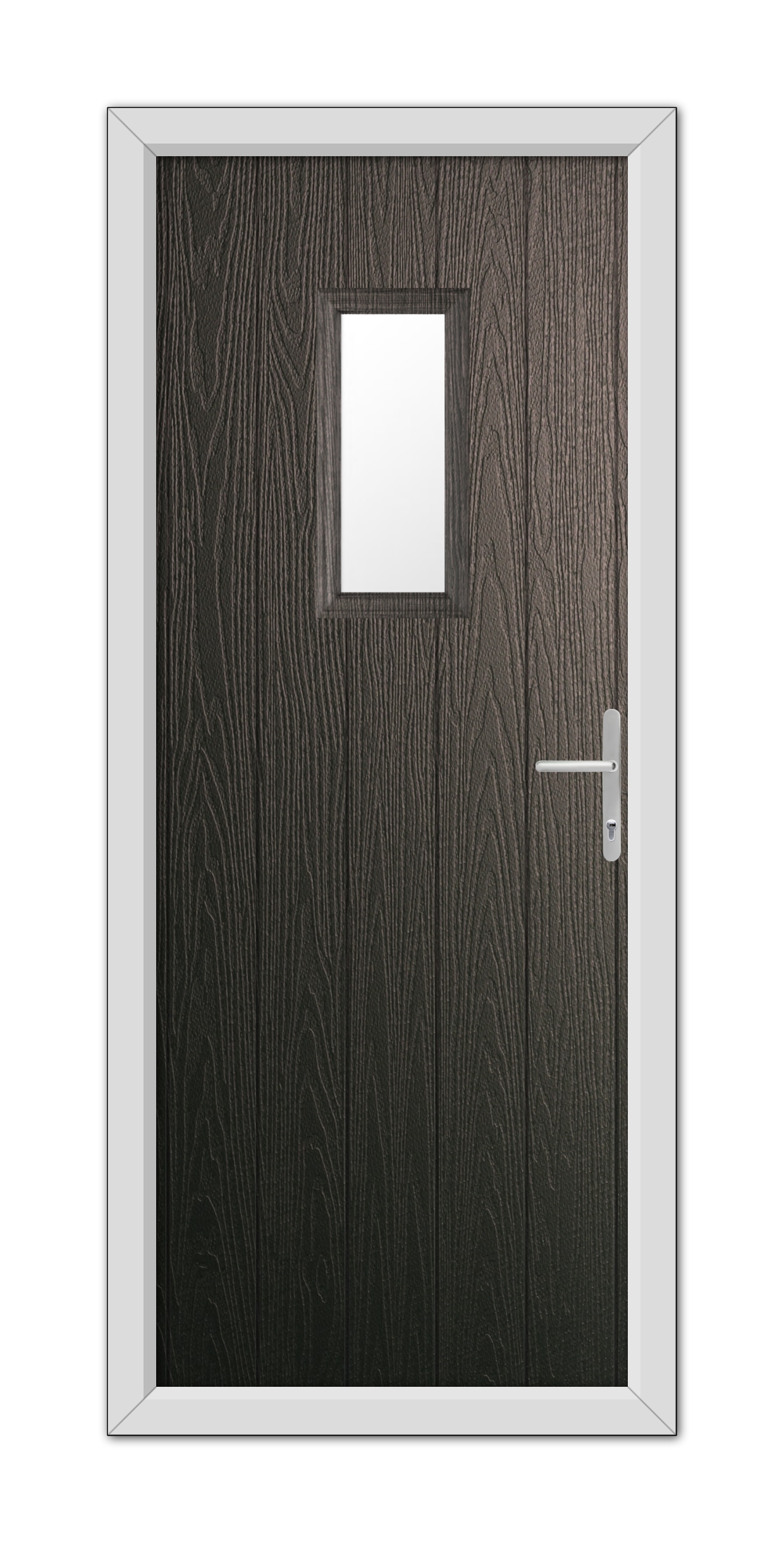 A Schwarzbraun Somerset Composite Door 48mm Timber Core with a small rectangular window, framed in white, featuring a metal handle on the right side.