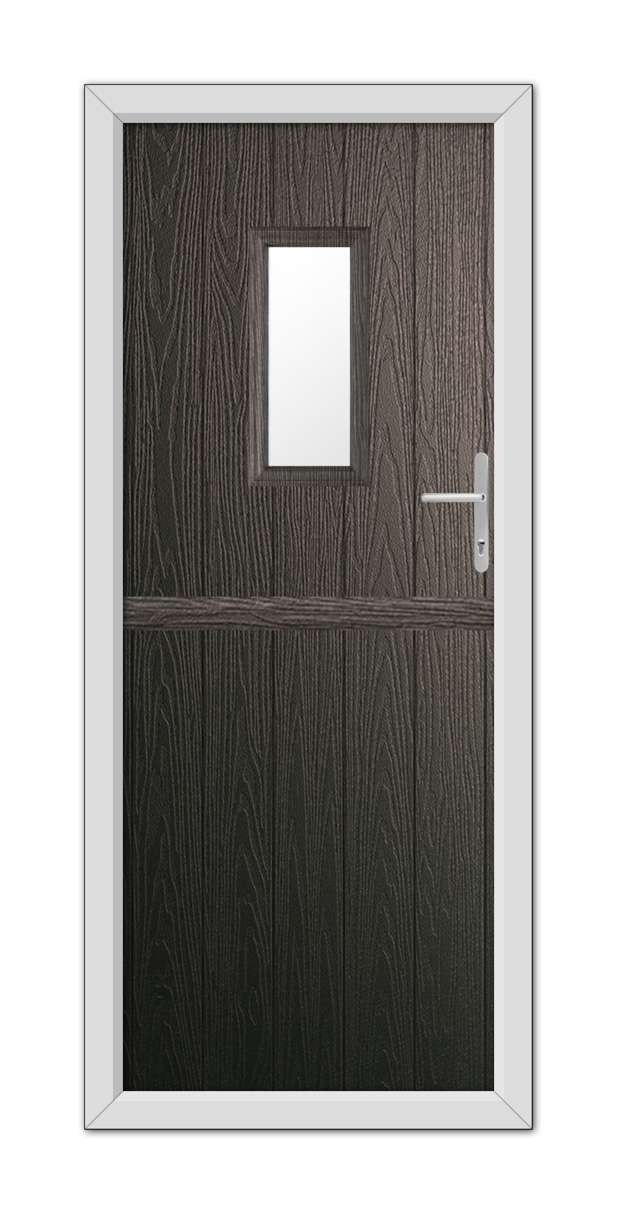 A Schwarzbraun Somerset Stable Composite Door 48mm Timber Core with a small square window and a metal handle, framed by a white border.