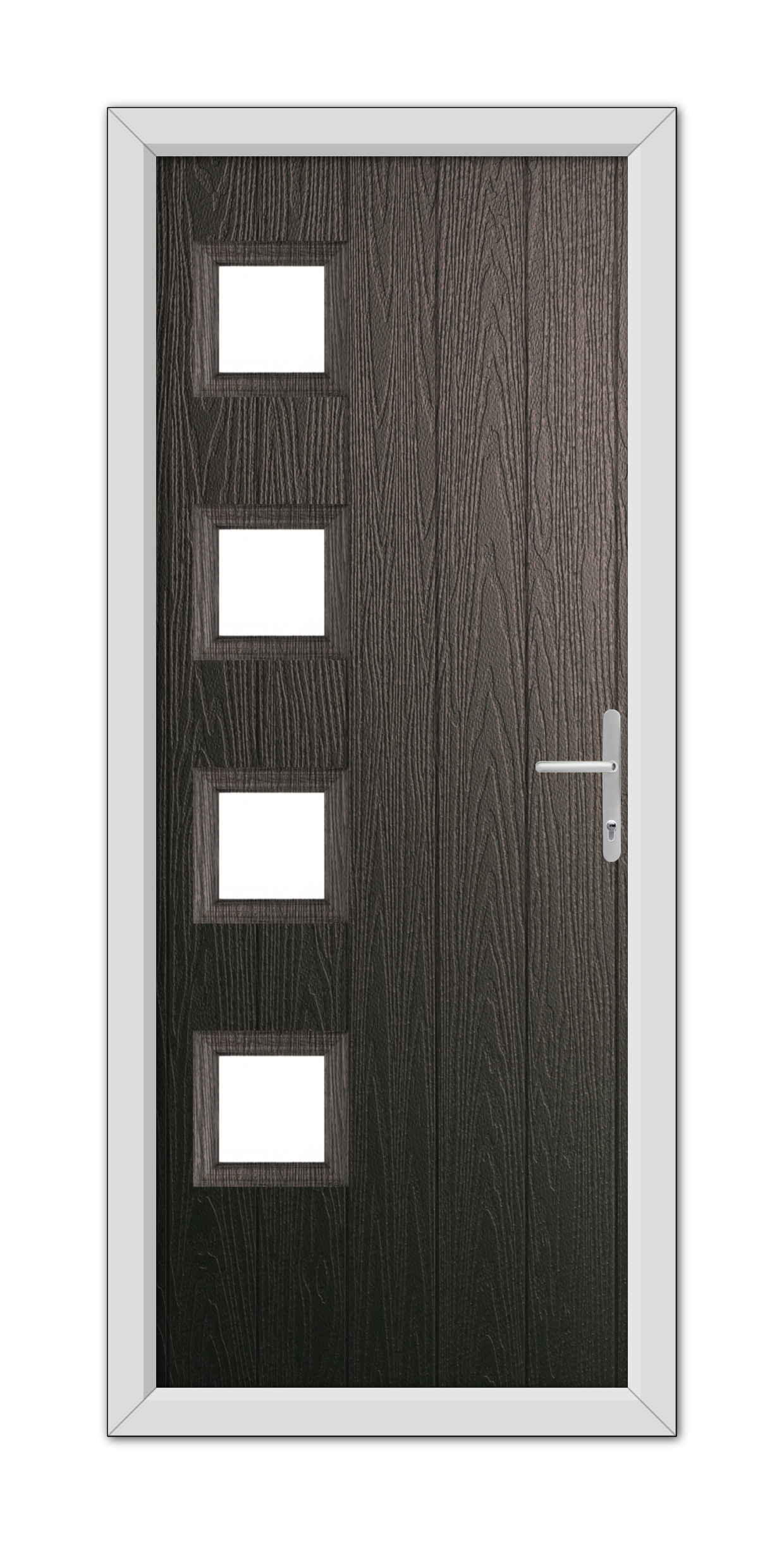 A Schwarzbraun Sussex Composite Door 48mm Timber Core with a silver frame, featuring four horizontal glass panels arranged in a vertical line.