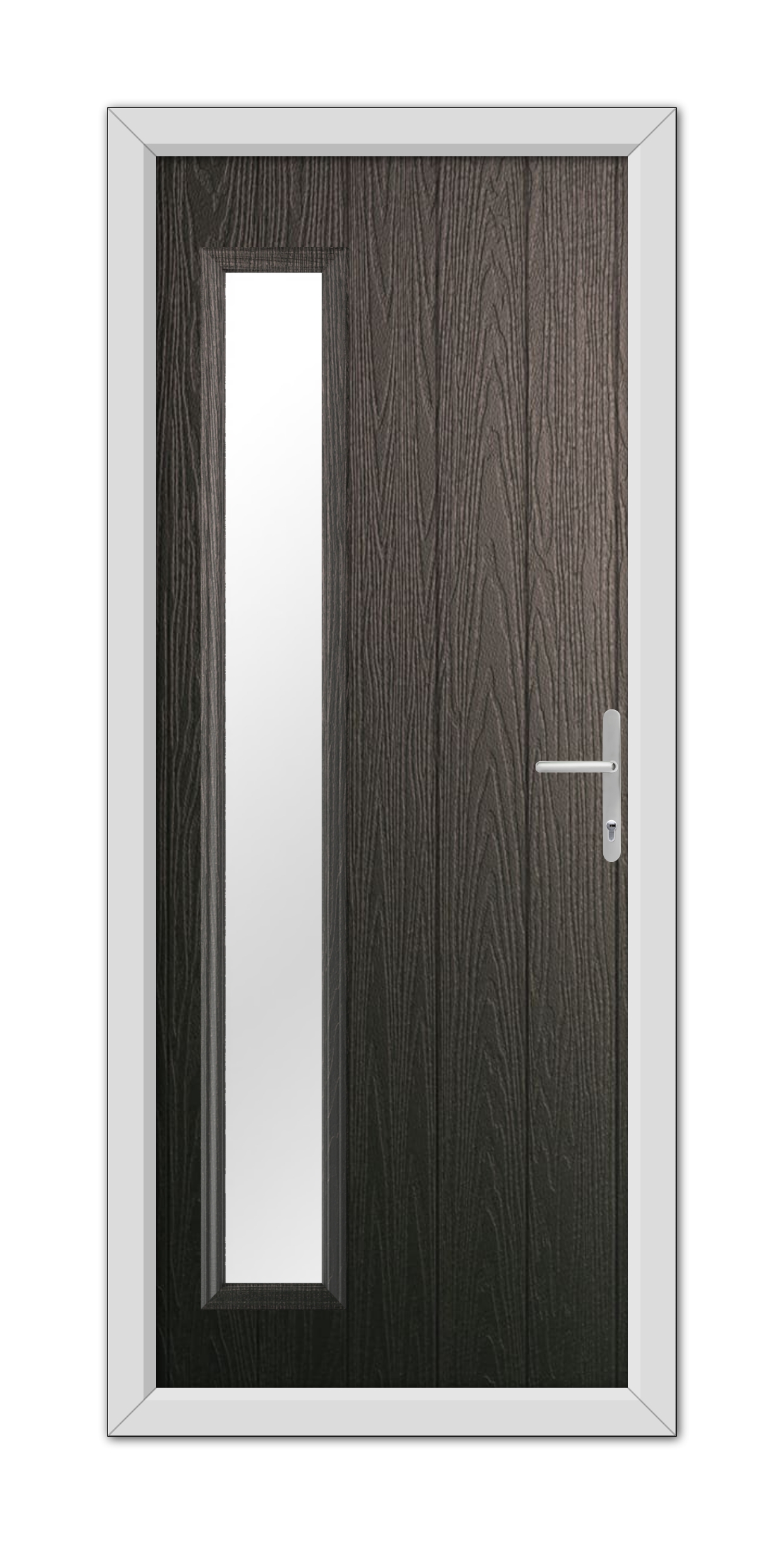 A modern Schwarzbraun Sutherland Composite Door 48mm Timber Core with a vertical rectangular glass panel and a silver handle, set in a white frame.