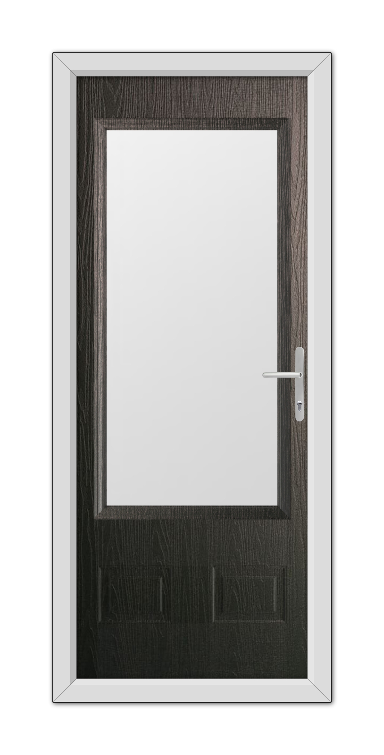 A modern Schwarzbraun Walcot Composite Door 48mm Timber Core with a white frame, dark wood panels, and a metallic handle, isolated on a white background.