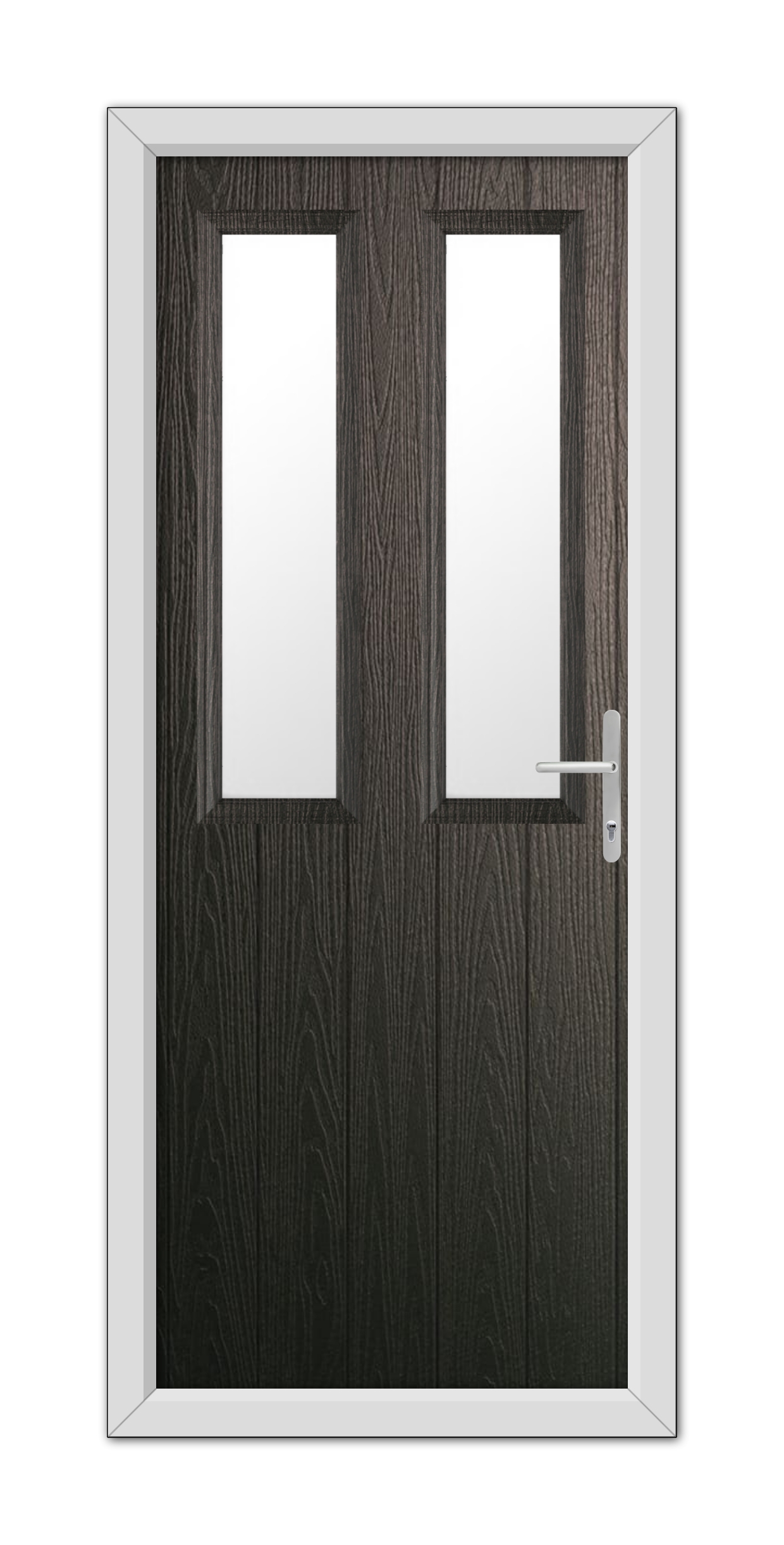A modern Schwarzbraun Wellington Composite Door 48mm Timber Core with vertical glass panels and a white frame, featuring a stainless steel handle.