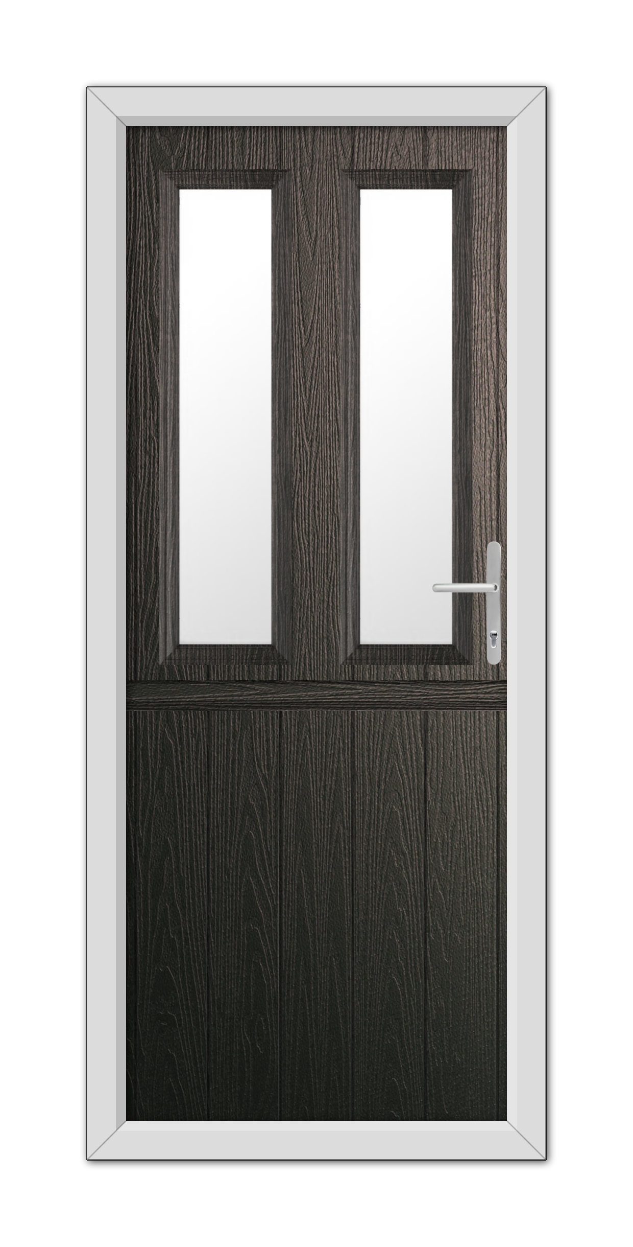 A Schwarzbraun Wellington Stable Composite Door 48mm Timber Core with two vertical glass panels and a metallic handle, framed by a white border.