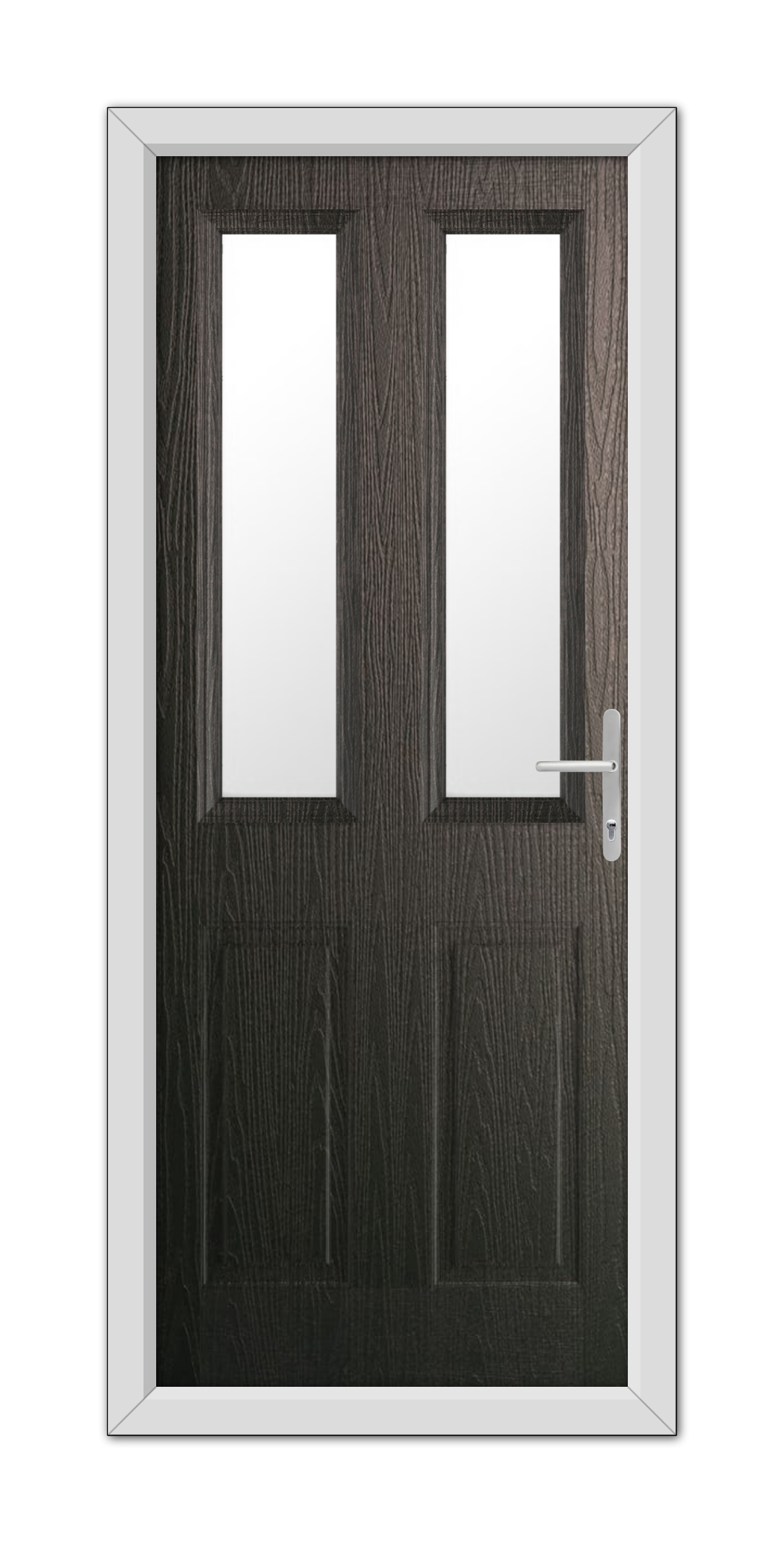 A modern Schwarzbraun Whitmore Composite Door 48mm Timber Core with a metallic handle and two vertical glass panels, set in a white frame, isolated on a white background.