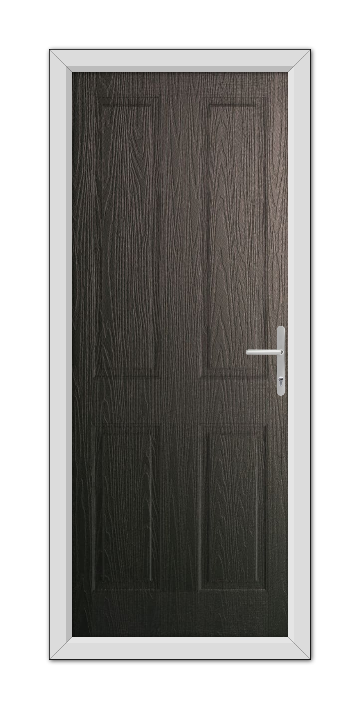 A Schwarzbraun Whitmore Solid Composite Door 48mm Timber Core with a textured surface and a white metal handle, framed by a light gray door frame, isolated on a white background.