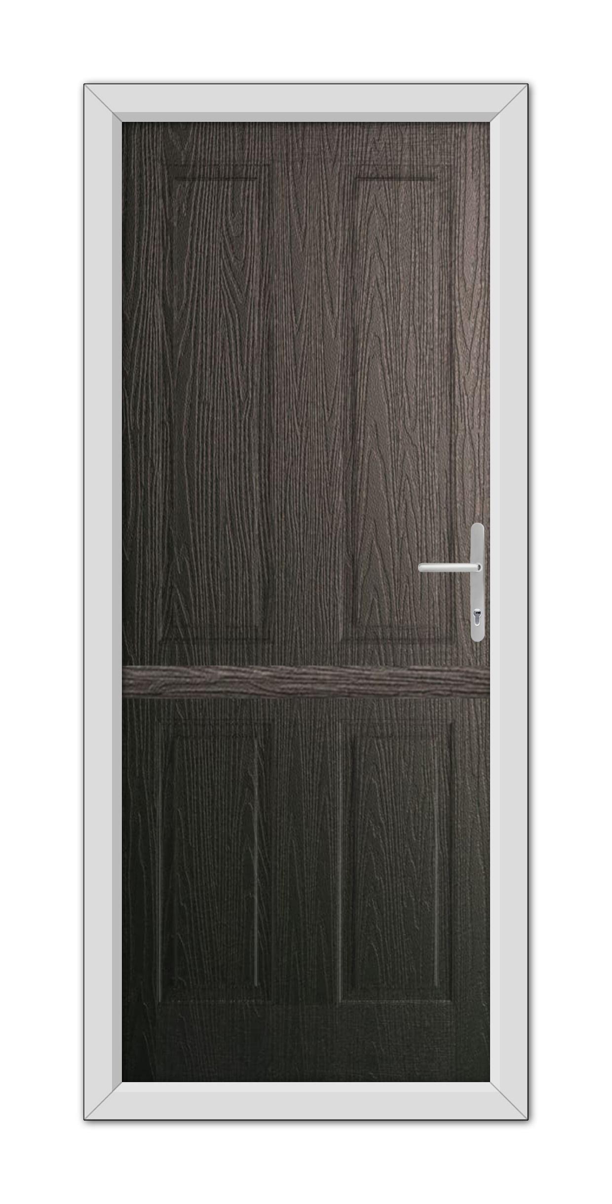 A modern Schwarzbraun Whitmore Solid Stable Composite Door 48mm Timber Core with a horizontal handle and a white frame set against a plain white background.