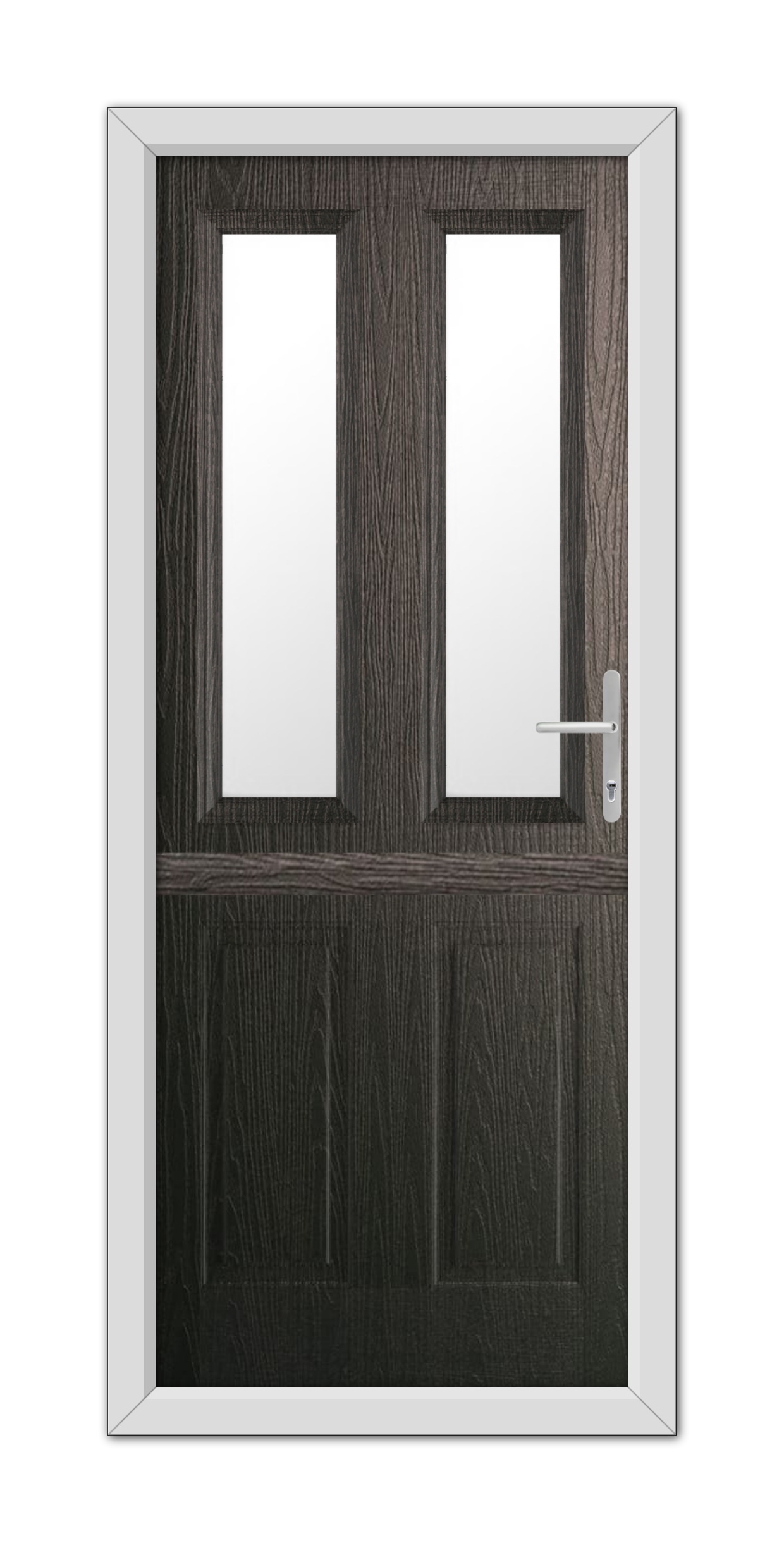 A modern Schwarzbraun Whitmore Stable Composite Door 48mm Timber Core featuring two vertical glass panels and a metallic handle, set within a white frame.