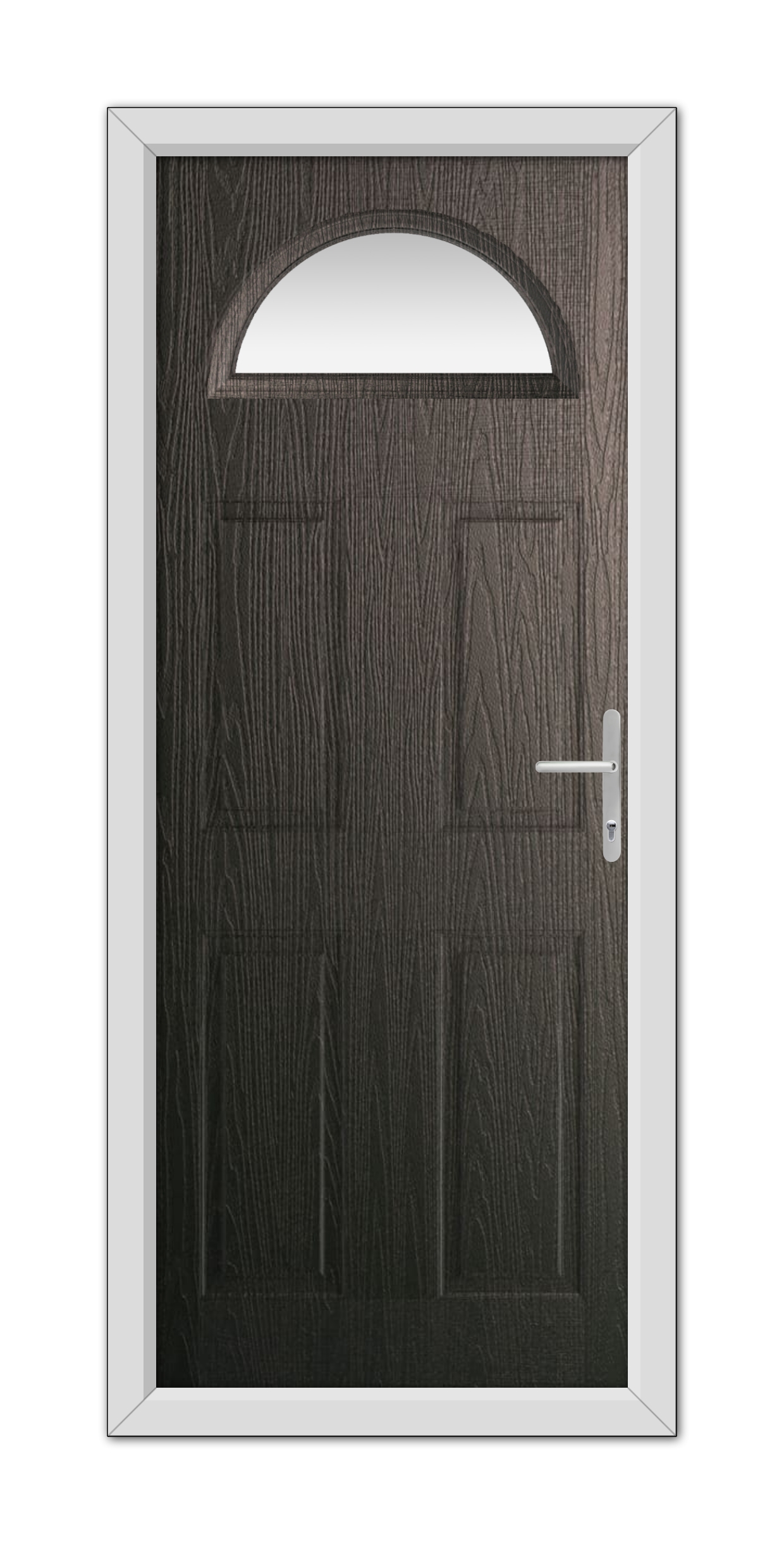 A modern Schwarzbraun Winslow 1 Composite Door 48mm Timber Core with a semi-circular window at the top, featuring a white handle and framed in a white door frame.
