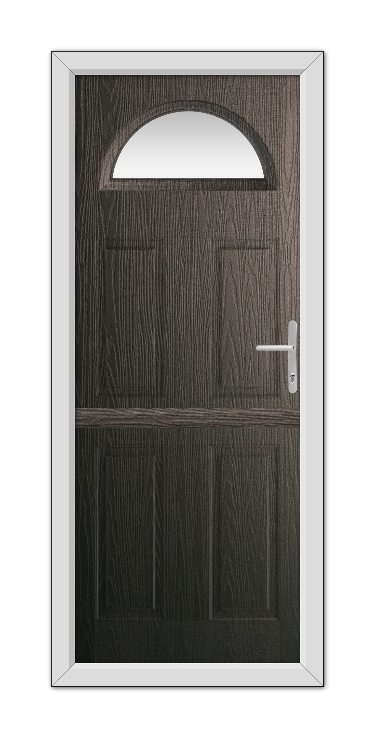 A modern Schwarzbraun Winslow 1 Stable Composite Door 48mm Timber Core with an arched window at the top, featuring a white frame and a metallic handle on the right side.