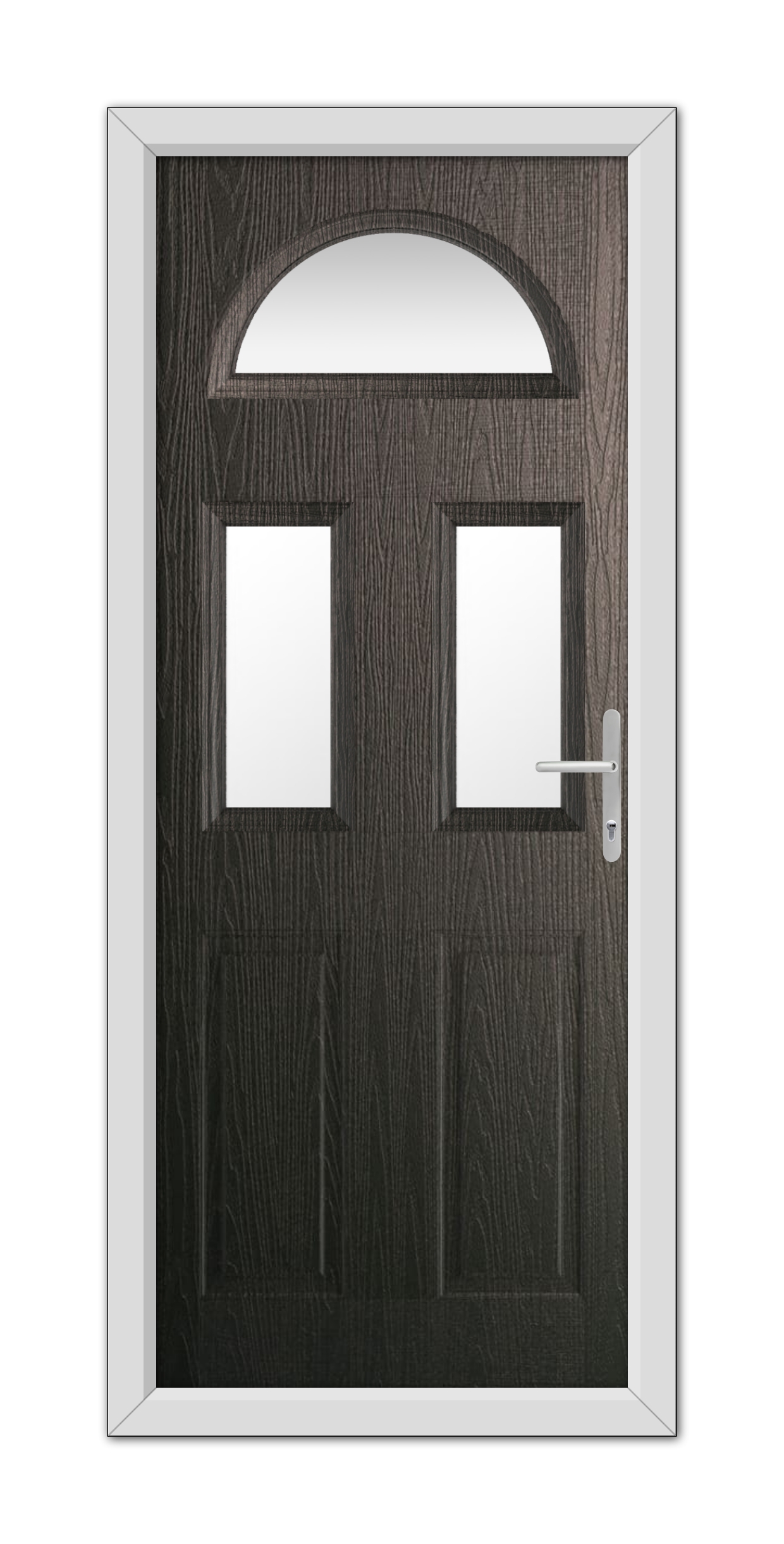 Schwarzbraun Winslow 3 Composite Door 48mm Timber Core with a white frame, featuring an arched top and two rectangular windows, complete with a modern handle on the right side.