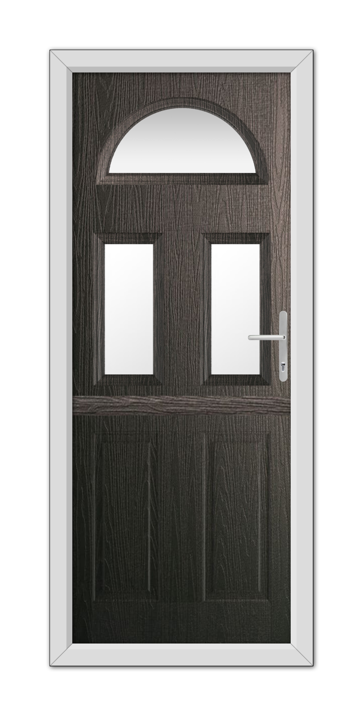 A modern Schwarzbraun Winslow 3 Stable Composite Door 48mm Timber Core with a large arched window and a metal handle, set in a simple white frame.