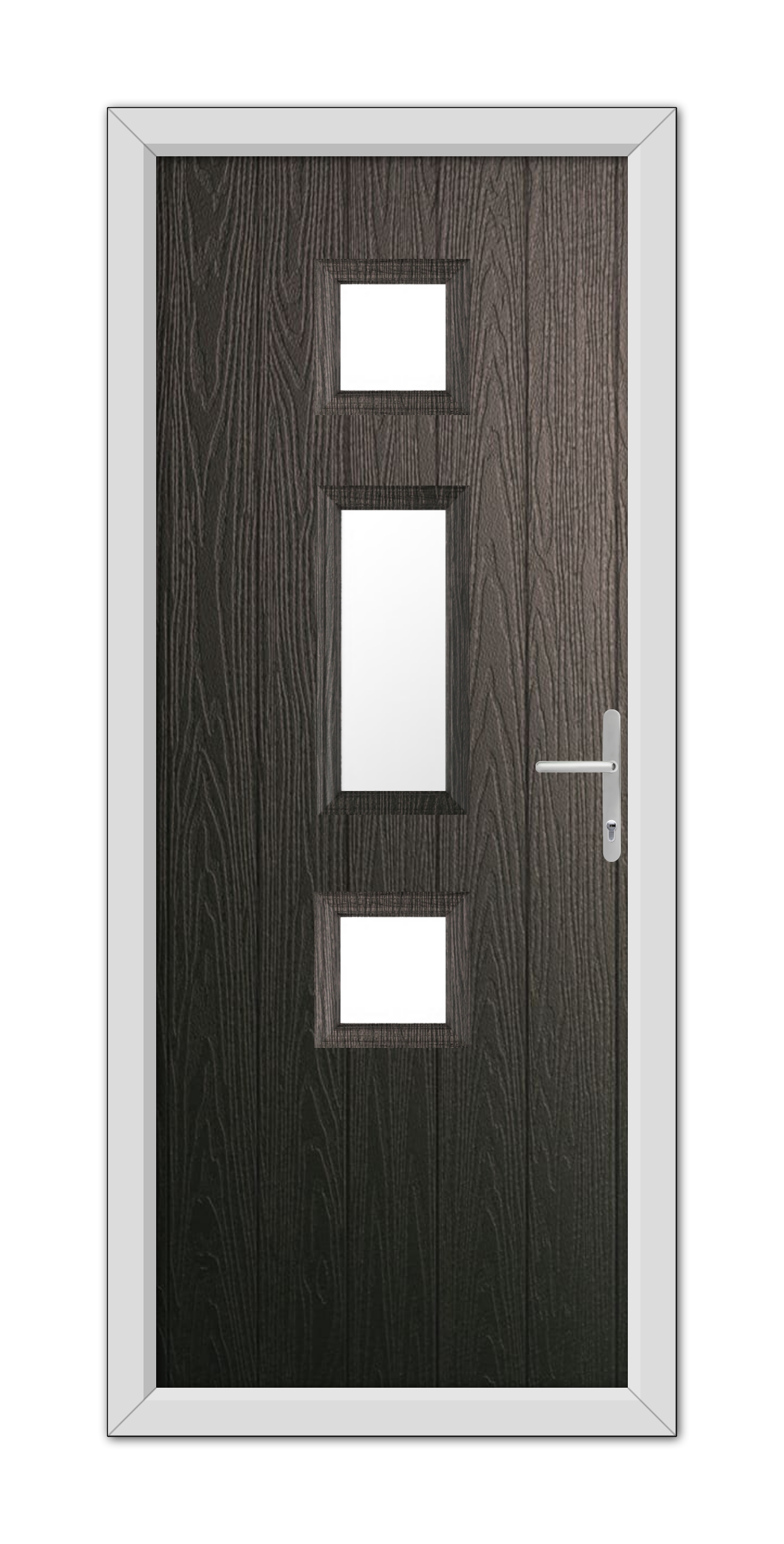 A Schwarzbraun York Composite Door 48mm Timber Core with three square glass panels and a metallic handle, set within a white frame.